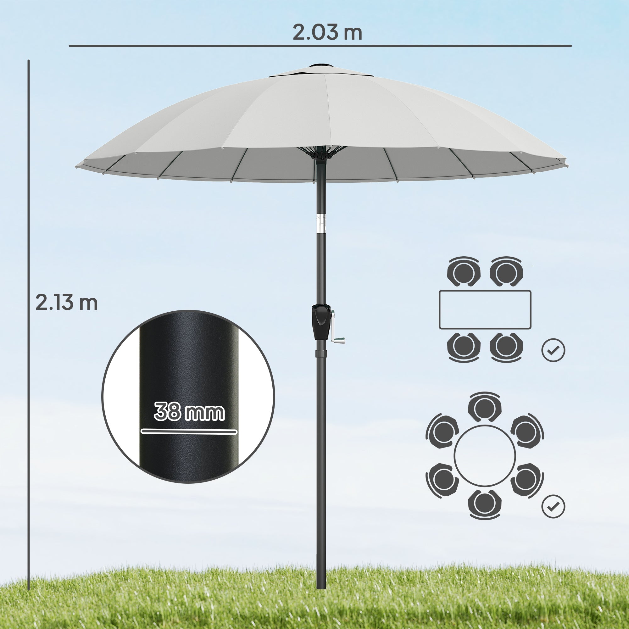 Outsunny 2 m Shanghai Garden Parasol Umbrella with 16 Fibreglass Ribs, Outdoor Parasol Sun Shade with Crank & Tilt, Light Grey