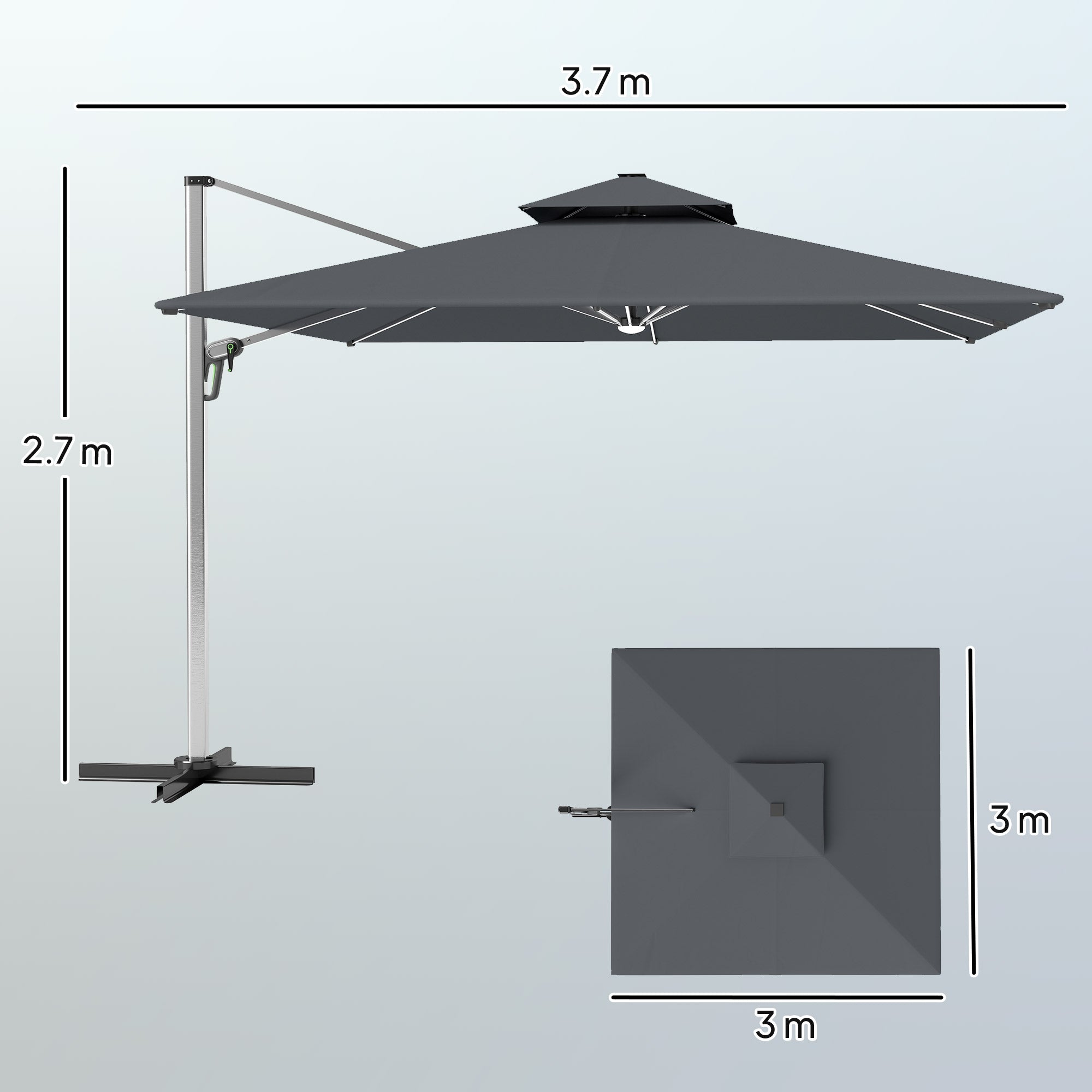 Outsunny 3(m) Garden Cantilever Parasol with Solar LED Lights, Cross Base, 360√Ç¬∞ Rotation, Crank Handle and Tilt, Grey