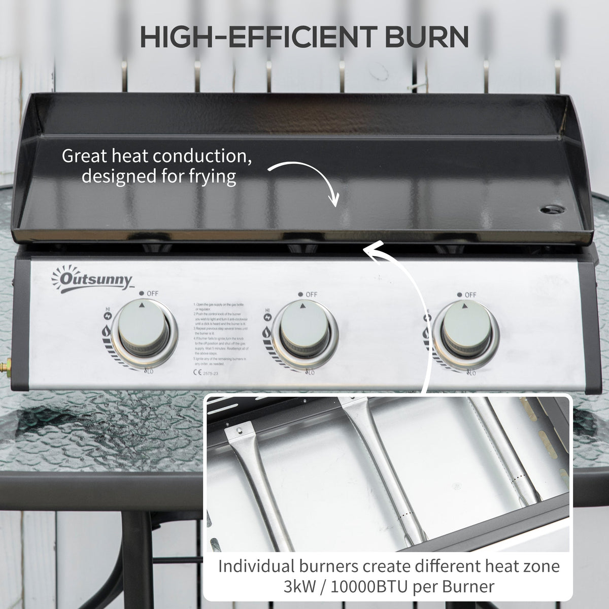Outsunny Gas Plancha Barbecue Grill with 3 Stainless Steel Burner, 9kW, Portable Tabletop Gas BBQ with Non-Stick Griddle for Camping Picnic Garden Party Festival