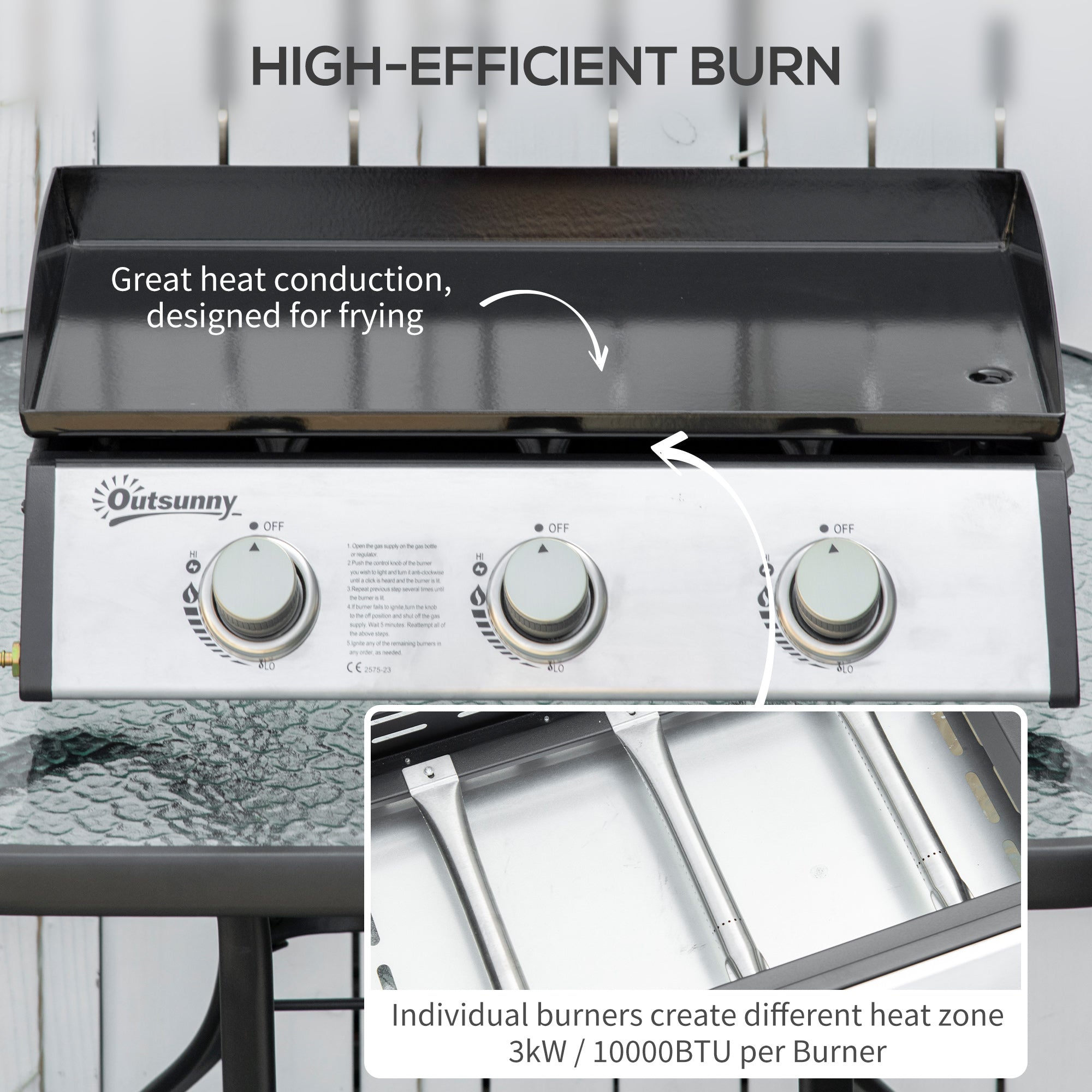 Outsunny Gas Plancha Barbecue Grill with 3 Stainless Steel Burner, 9kW, Portable Tabletop Gas BBQ with Non-Stick Griddle for Camping Picnic Garden Party Festival