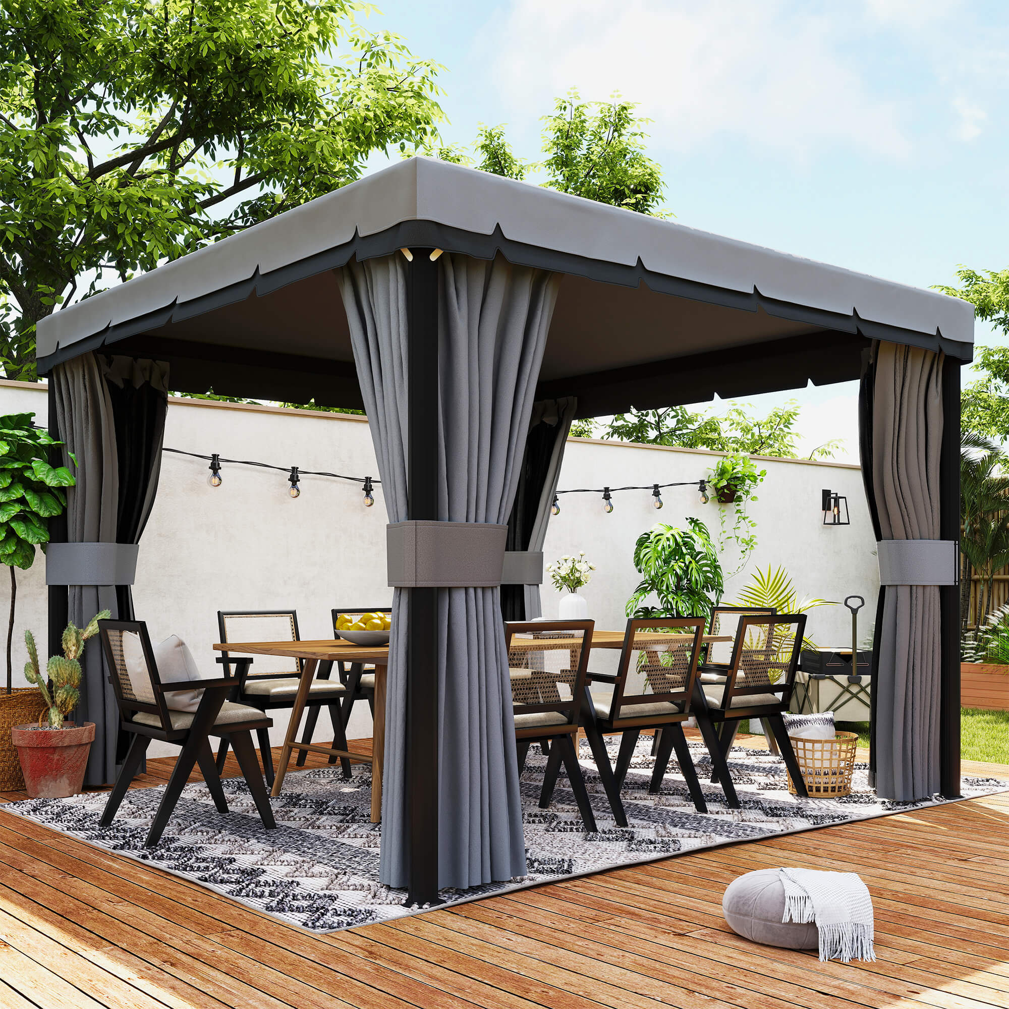 Outsunny 3 x 3(m) Patio Gazebo Canopy Garden Pavilion Tent Shelter Marquee with 2 Tier Roof, Netting and Curtains, Light Grey