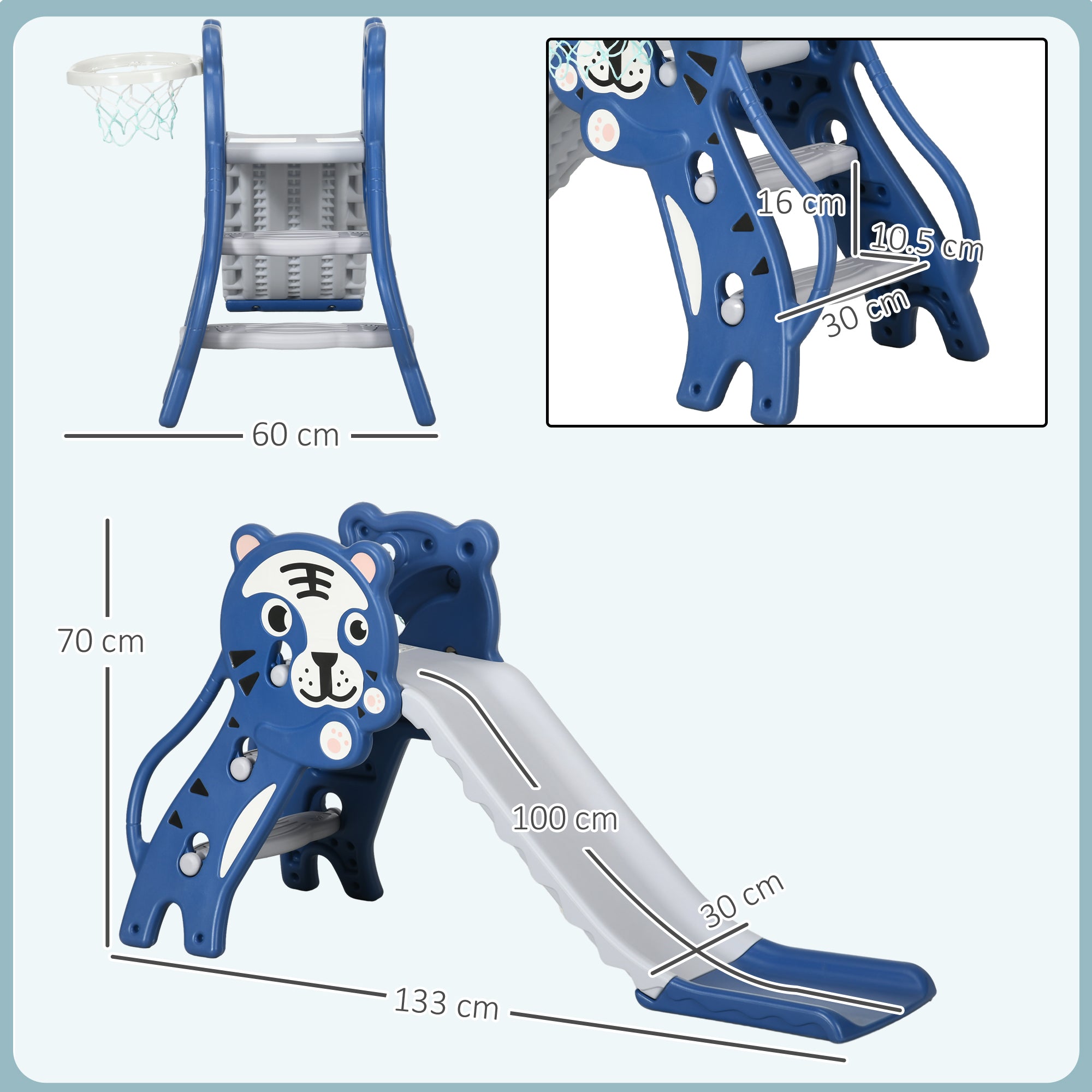 AIYAPLAY 3 in 1 Baby Slide for Indoor Use with Climber, Basketball Hoop, Basketball, for Ages 18-36 Months - Blue