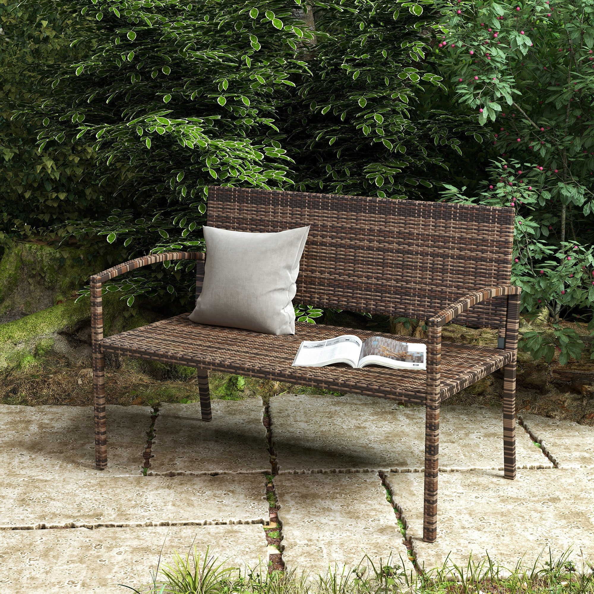 Outsunny All Weather Wicker Garden Loveseat, 2 Seater Poly Rattan Garden Bench, Outdoor Seating Bench Brown