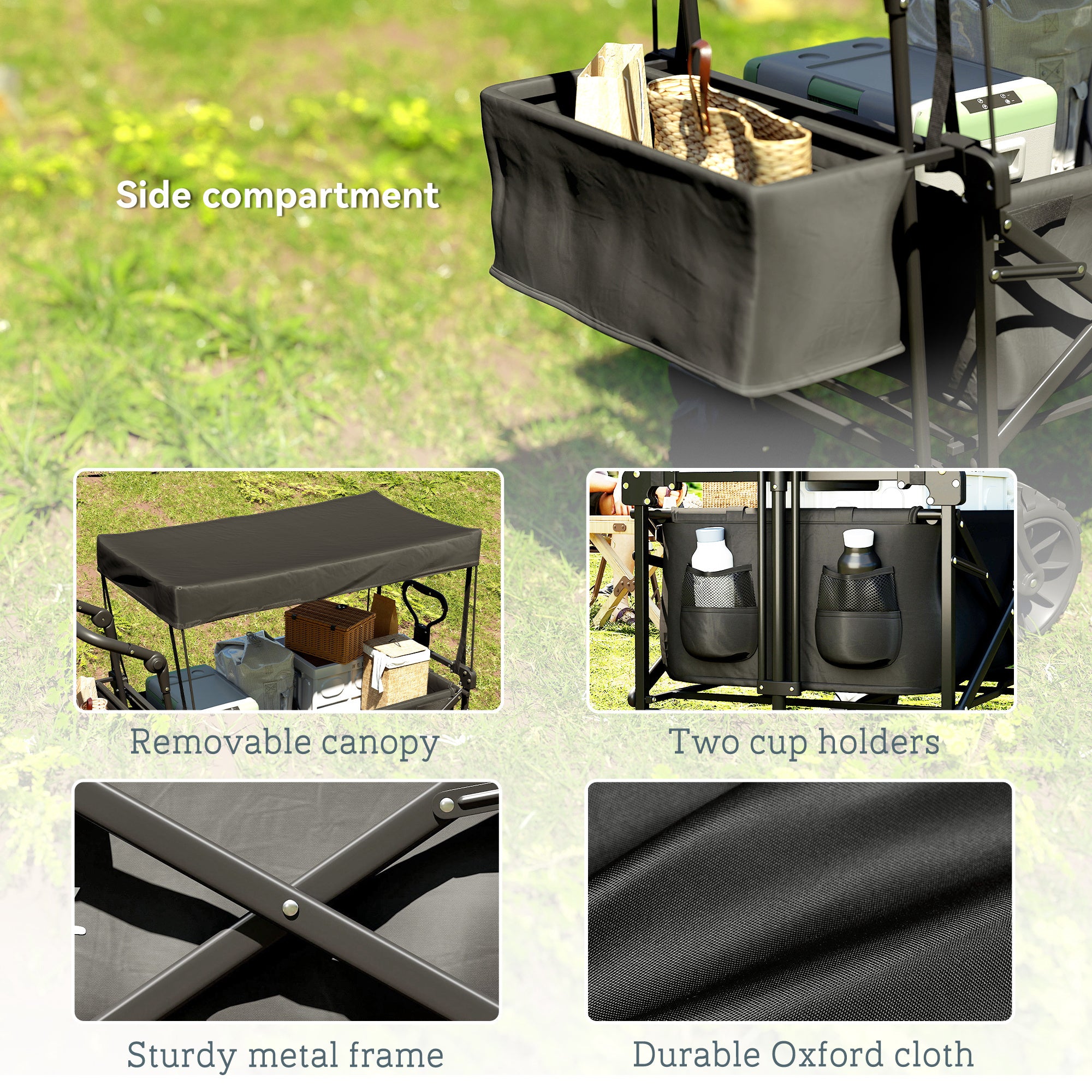 Outsunny Folding Trolley Cart Storage Wagon Beach Trailer 4 Wheels with Handle Overhead Canopy Cart Push Pull for Camping, Black