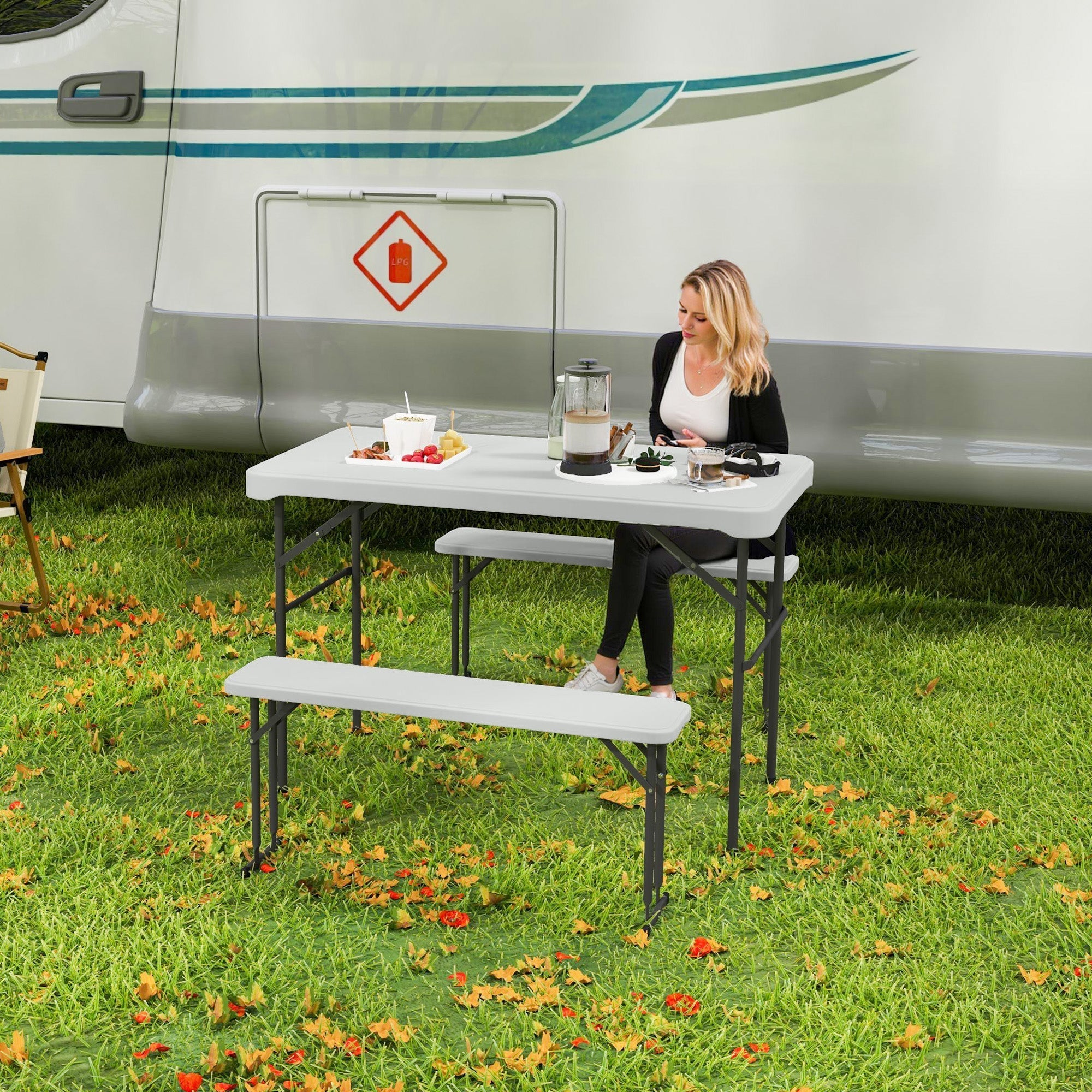 Outsunny Three-Piece Folding Picnic Table and Bench Set - White