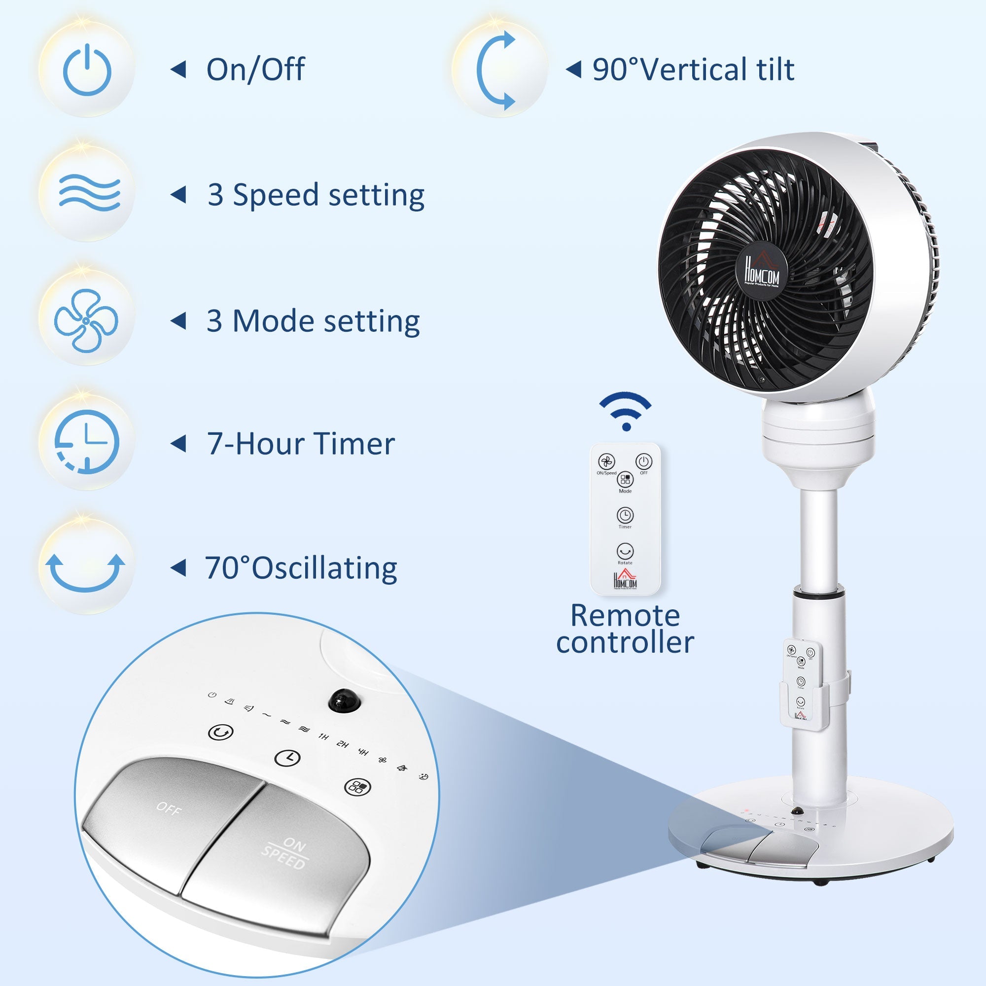 HOMCOM 9'' Air Circulator Fan 3 Speed 3 Mode, 70Â° Oscillation 90Â° Vertical Tilt, Height Adjustable, Remote Controller, for Living Room, Bedroom, Office, Black and White
