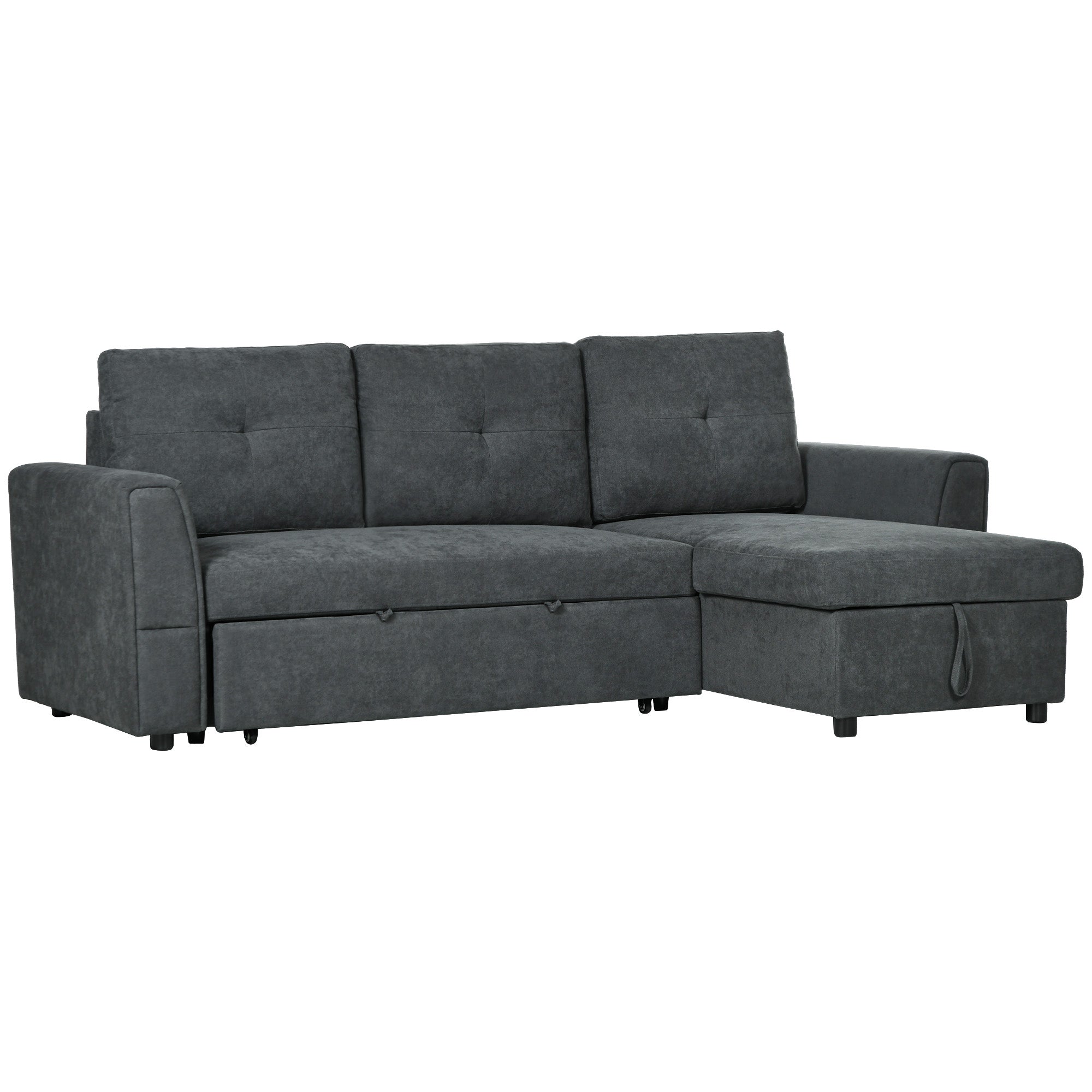 HOMCOM 3 Seater Sofa Bed, L Shaped Pull Out Sofa Bed with Storage, Convertible Click Clack Settee Sectional Sleeper Futon for Living Room, Office, Dark Grey