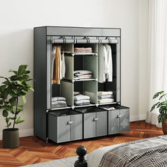 HOMCOM Fabric Wardrobe for Bedroom, Portable Wardrobe with 5 Shelves, 2 Hanging Rails and 3 Fabric Drawers, Foldable Closet, 125 x 43 x 162.5cm, Light Grey