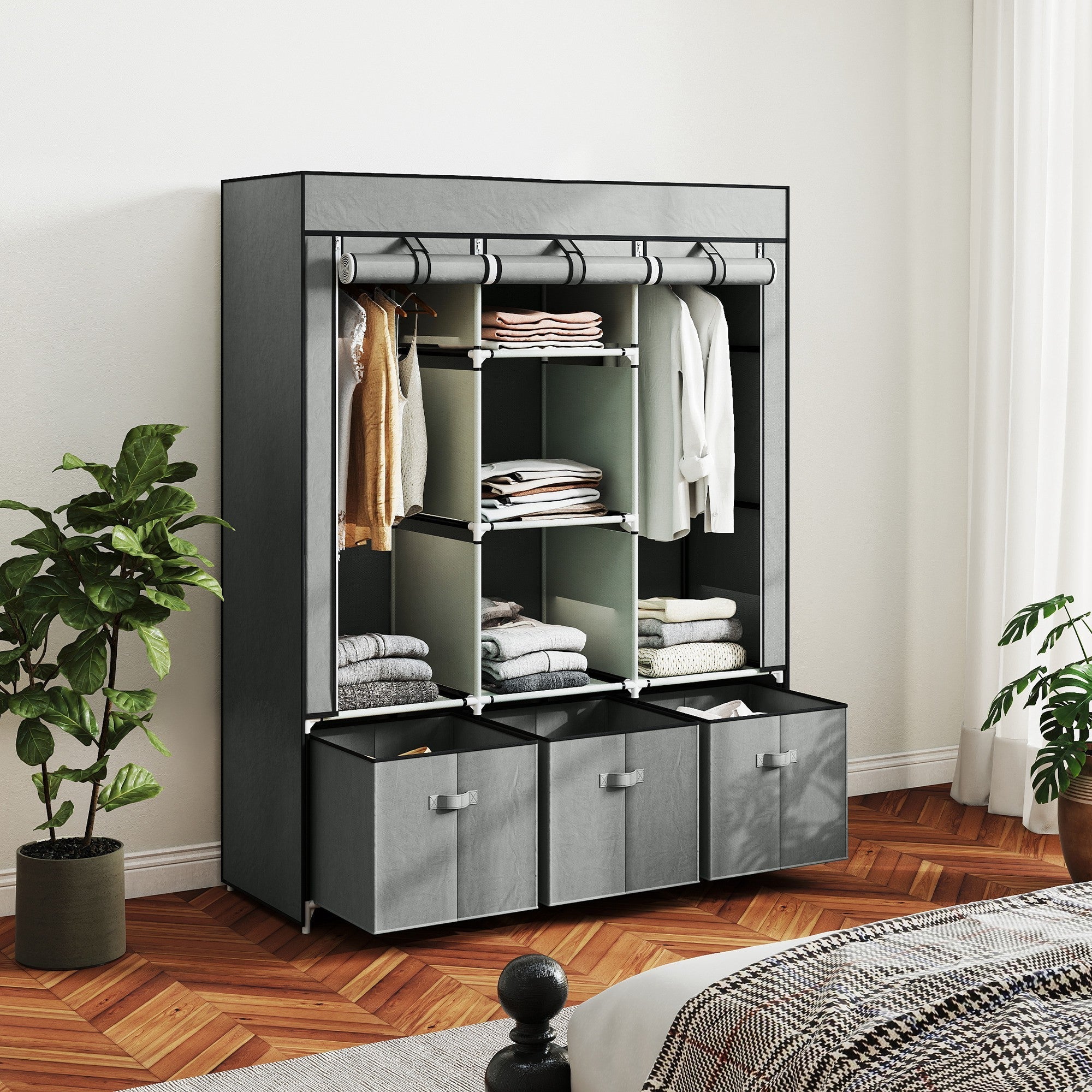 HOMCOM Fabric Wardrobe for Bedroom, Portable Wardrobe with 5 Shelves, 2 Hanging Rails and 3 Fabric Drawers, Foldable Closet, 125 x 43 x 162.5cm, Light Grey