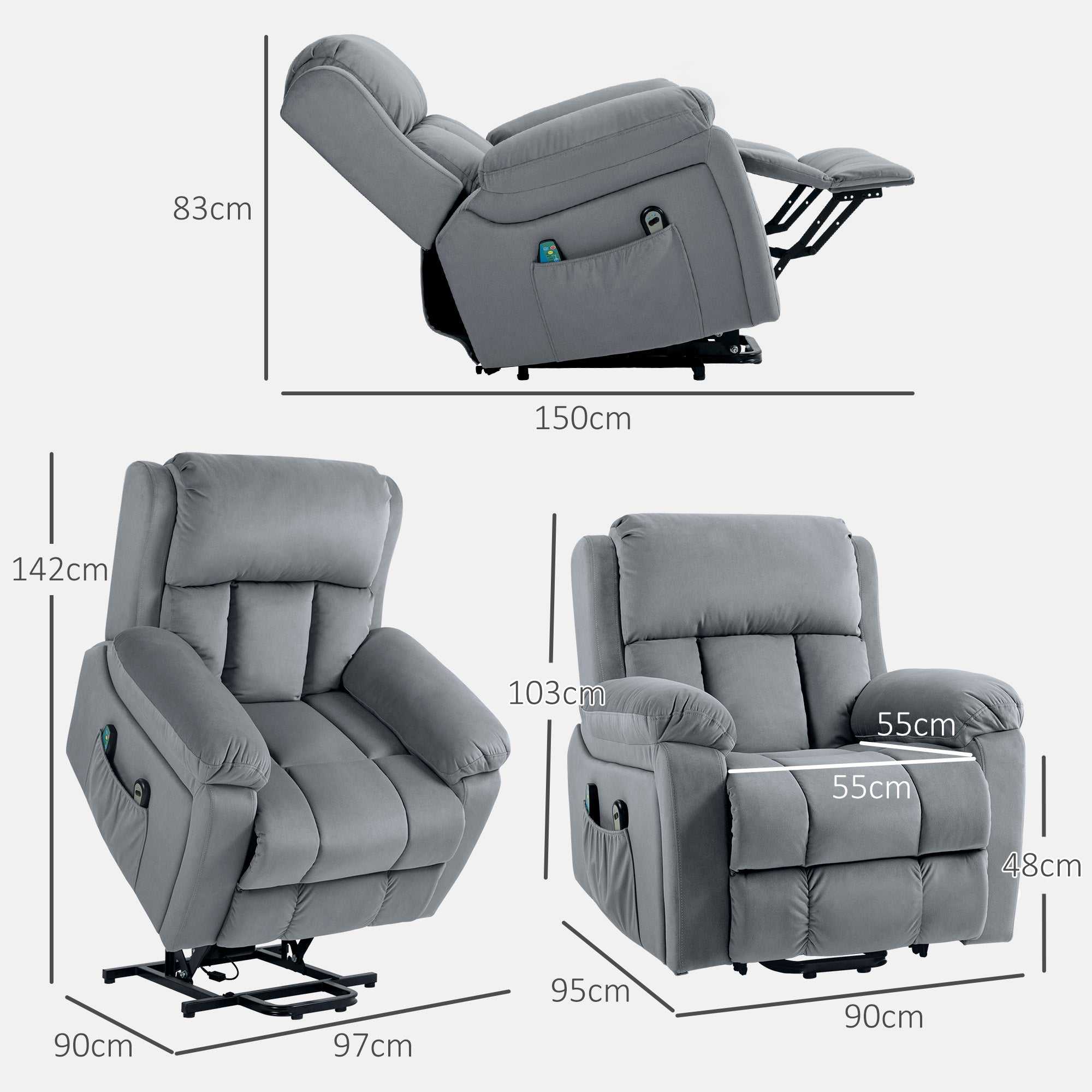 HOMCOM Eight-Point Massage Lift Chair, with Remote - Grey