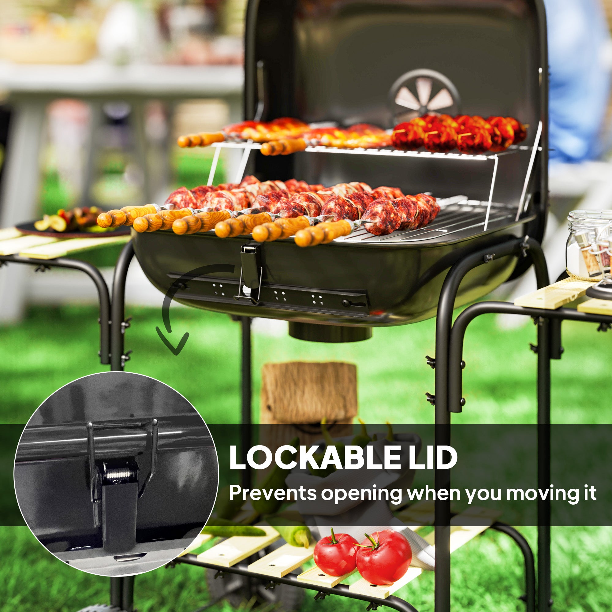 Outsunny Charcoal Barbecue Grill Portable BBQ Grill with 1840 cm√Ç¬≤ Cooking Area, 3 Shelves, Adjustable Vent, Lockable Lid, Wheels for Outdoor Cooking, Garden Party, Black