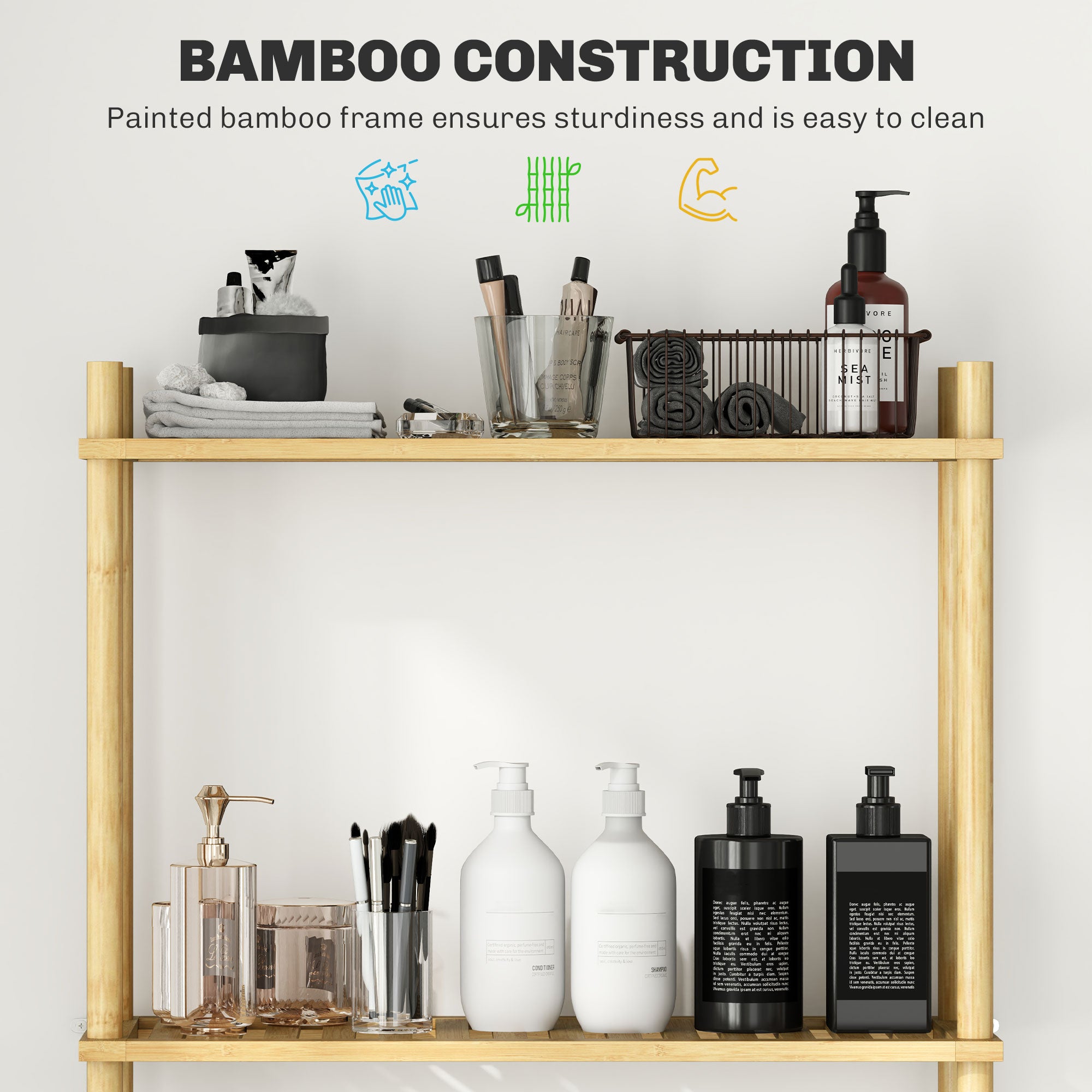 HOMCOM Bamboo Over Toilet Storage Unit with 3 Slatted Shelves, 3-Tier Freestanding Bathroom Shelf, Bathroom Space Saver, Natural Wood Finish