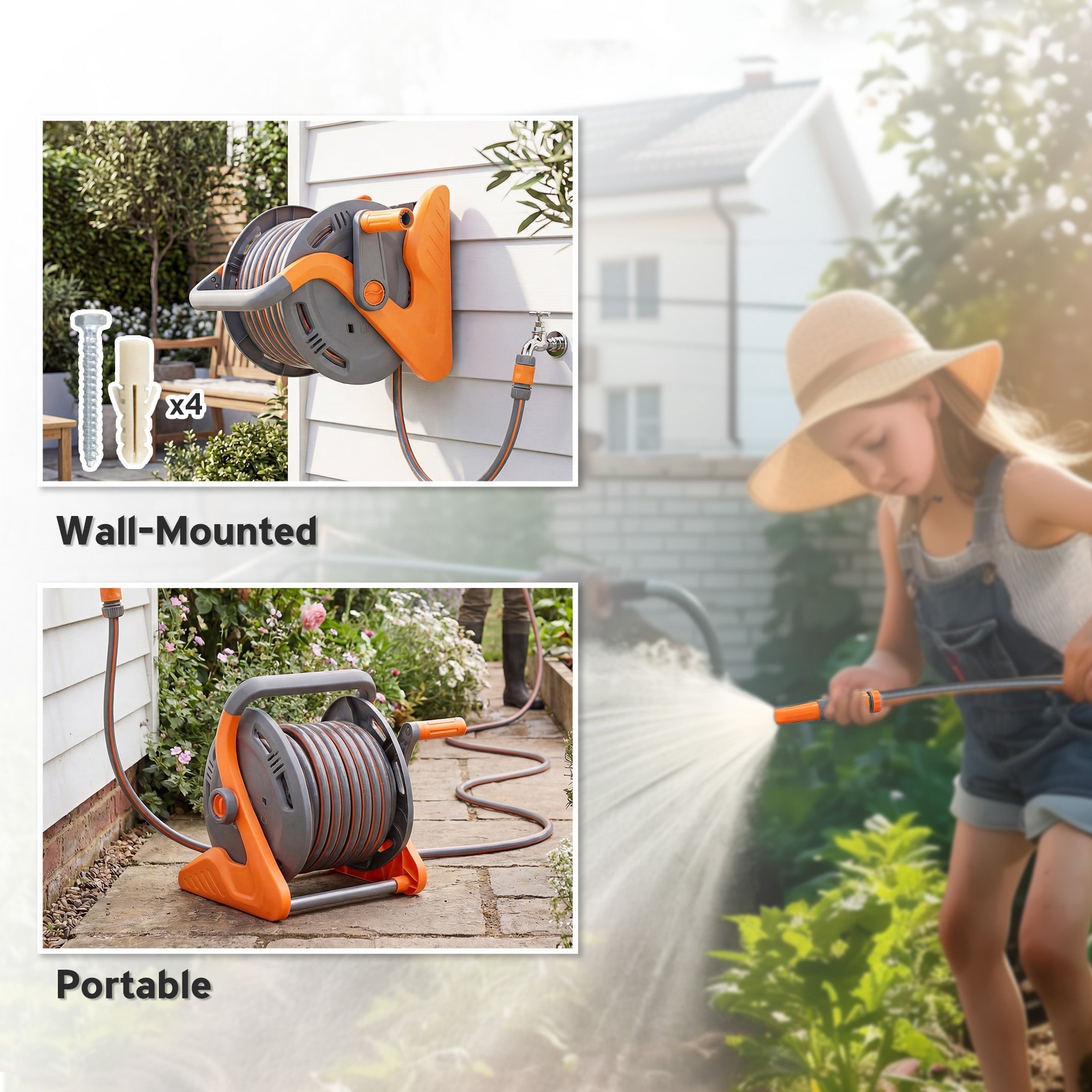 Outsunny Portable Garden Hose Reel, 20+2 m Wall Mounted Hose Reel with 2 Patterns Spray Nozzle and Crank Handle, Orange
