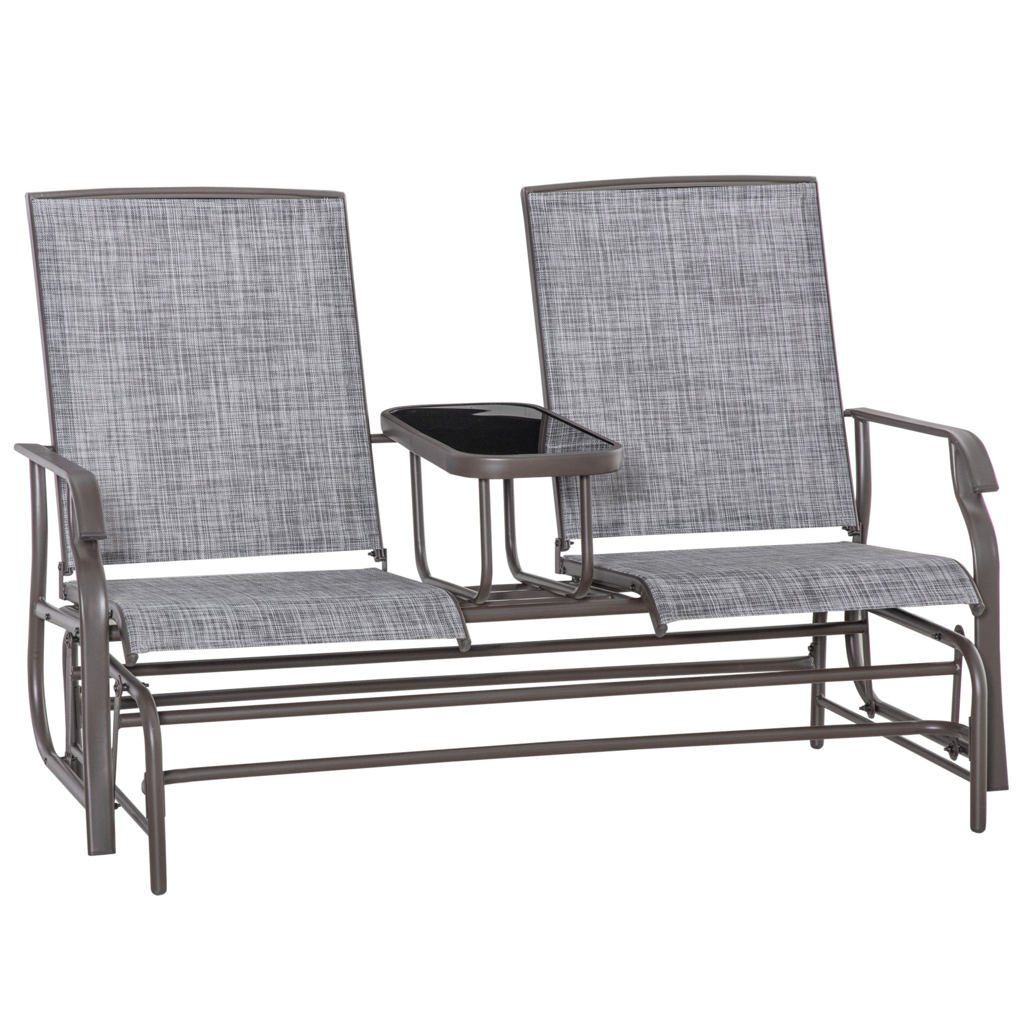 Outsunny 2 Seats Garden Glider Bench, Metal Frame Loveseat with Glass Top Centre Table, Porch Rocking Glider for 2 Person, for Deck, Patio, Brown/ Grey