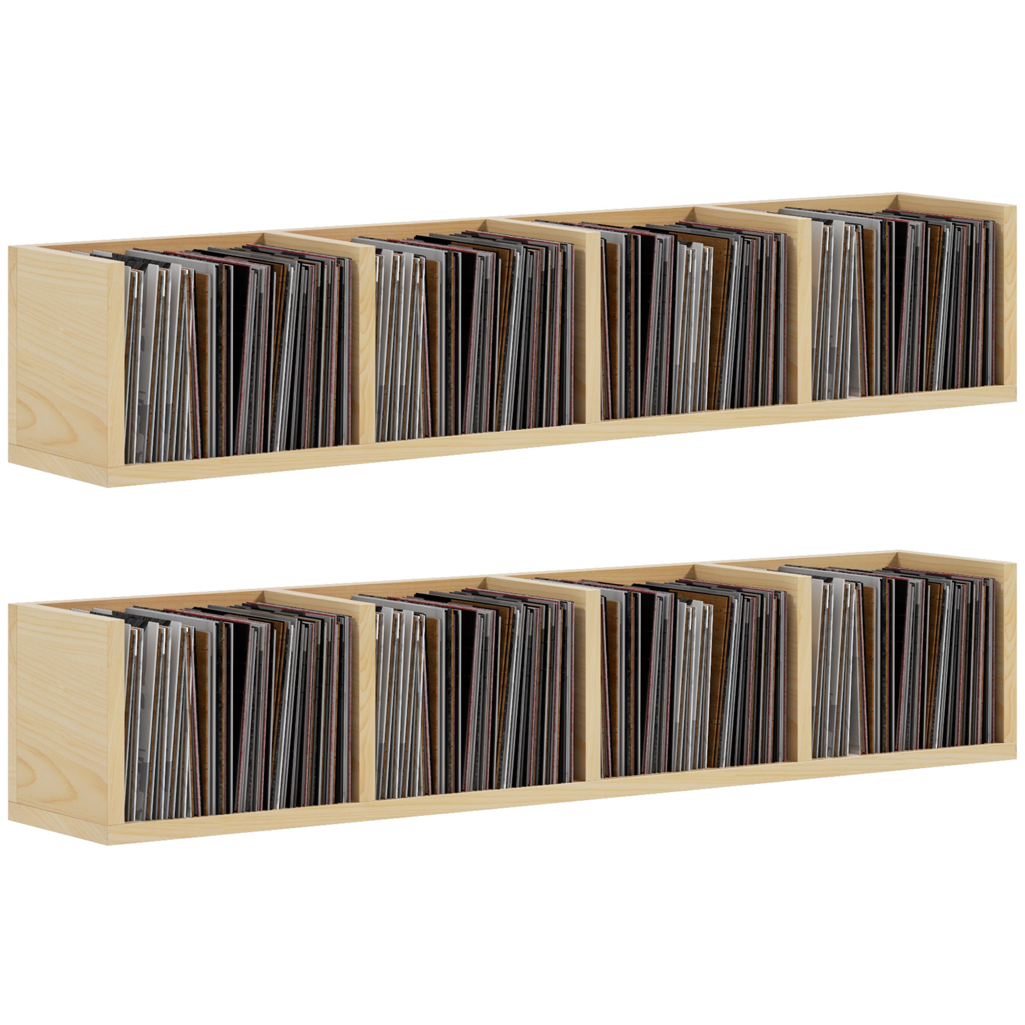 HOMCOM Wall Mount 84 CD / 56 DVD/Blu-ray/ Media Storage Rack 4 Cubes, Wooden Shelf Organiser Unit Bookcase Display, Set of 2, Natural Wood Finish