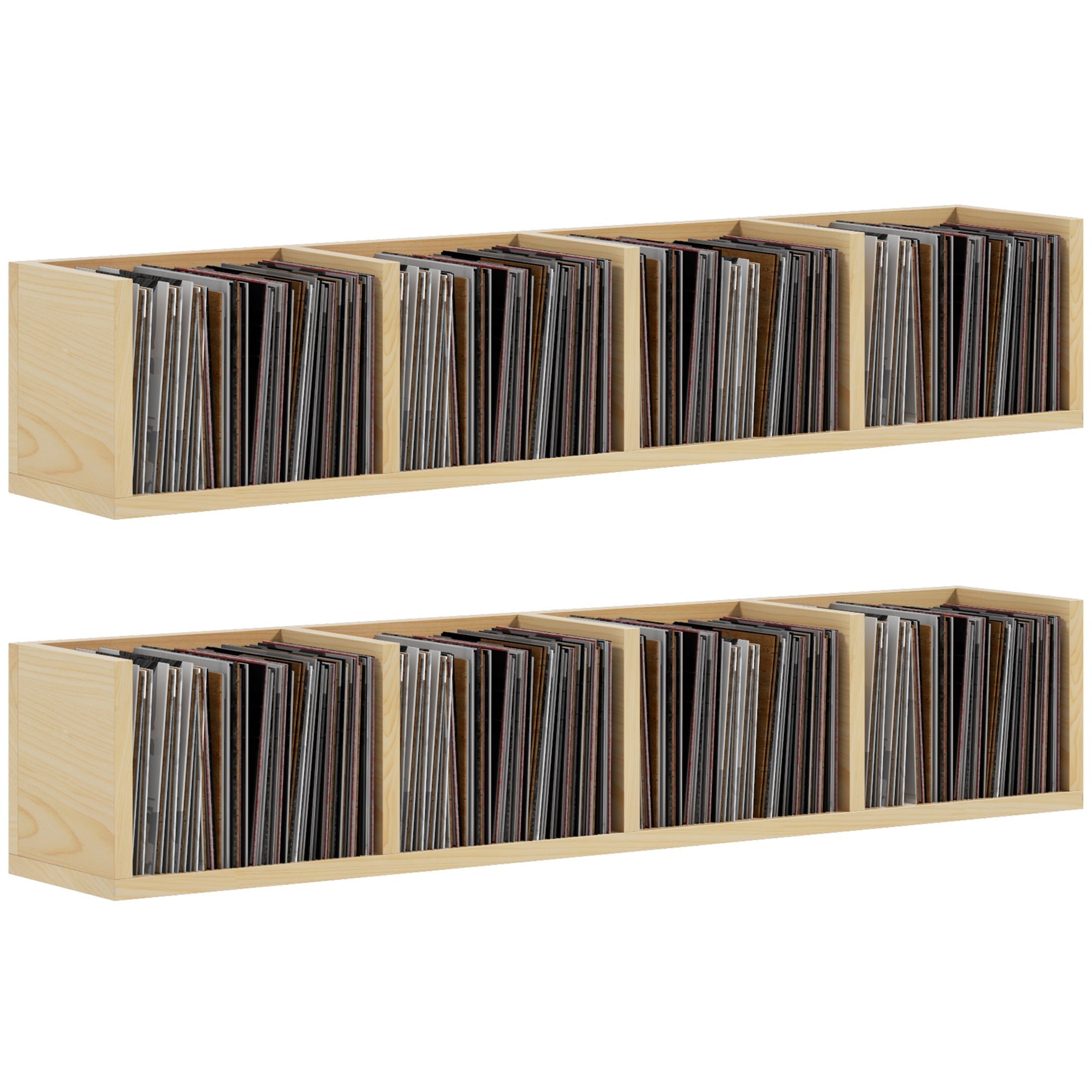 HOMCOM Wall Mount 84 CD / 56 DVD/Blu-ray/ Media Storage Rack 4 Cubes, Wooden Shelf Organiser Unit Bookcase Display, Set of 2, Natural Wood Finish