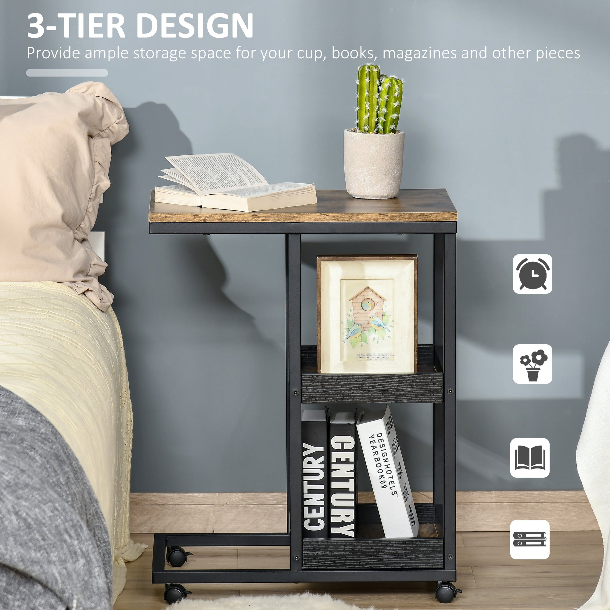 HOMCOM Mobile Sofa Side Table Set of 2, Industrial C-Shaped Rolling Couch Table with 3-Tier Storage Shelving Four Lockable Wheels Steel Frame, Dark Brown