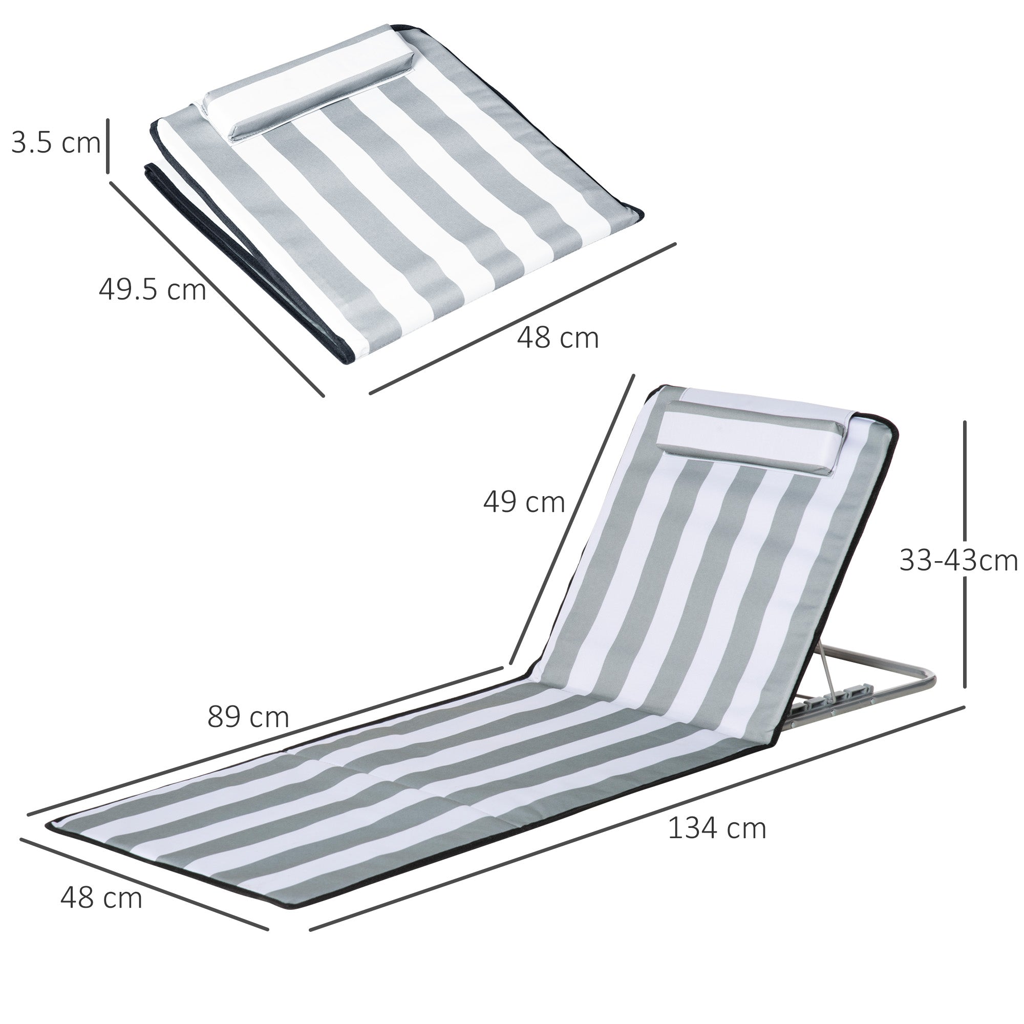 Outsunny Set of 2 Foldable Garden Beach Chair Mat Lightweight Outdoor Sun Lounger Seats Adjustable Back Metal Frame PE Fabric Head Pillow w/ Carry Bag, Light Grey