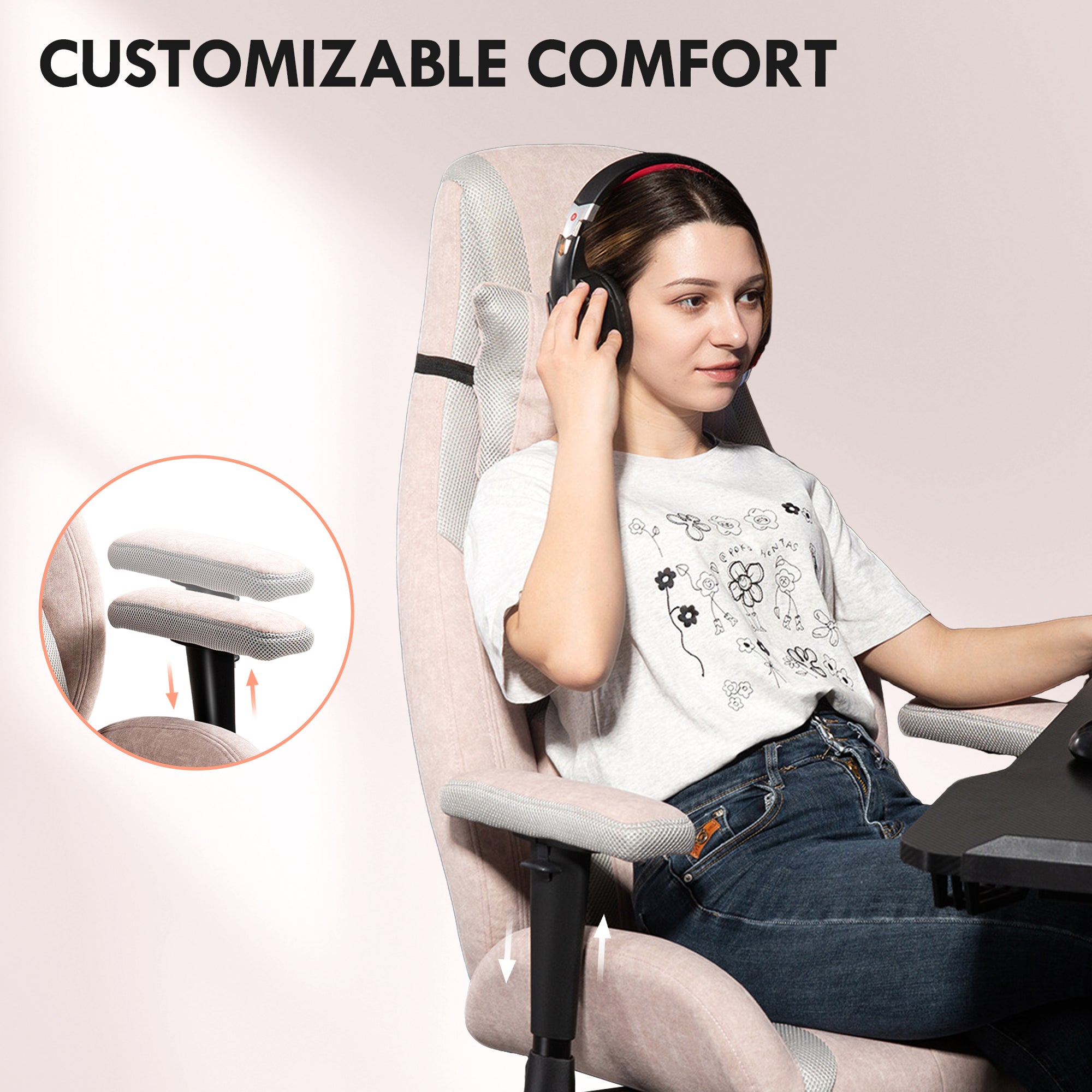 HOMCOM Fabric Gaming Chair with Lumbar Support, Headrest - Pale Pink