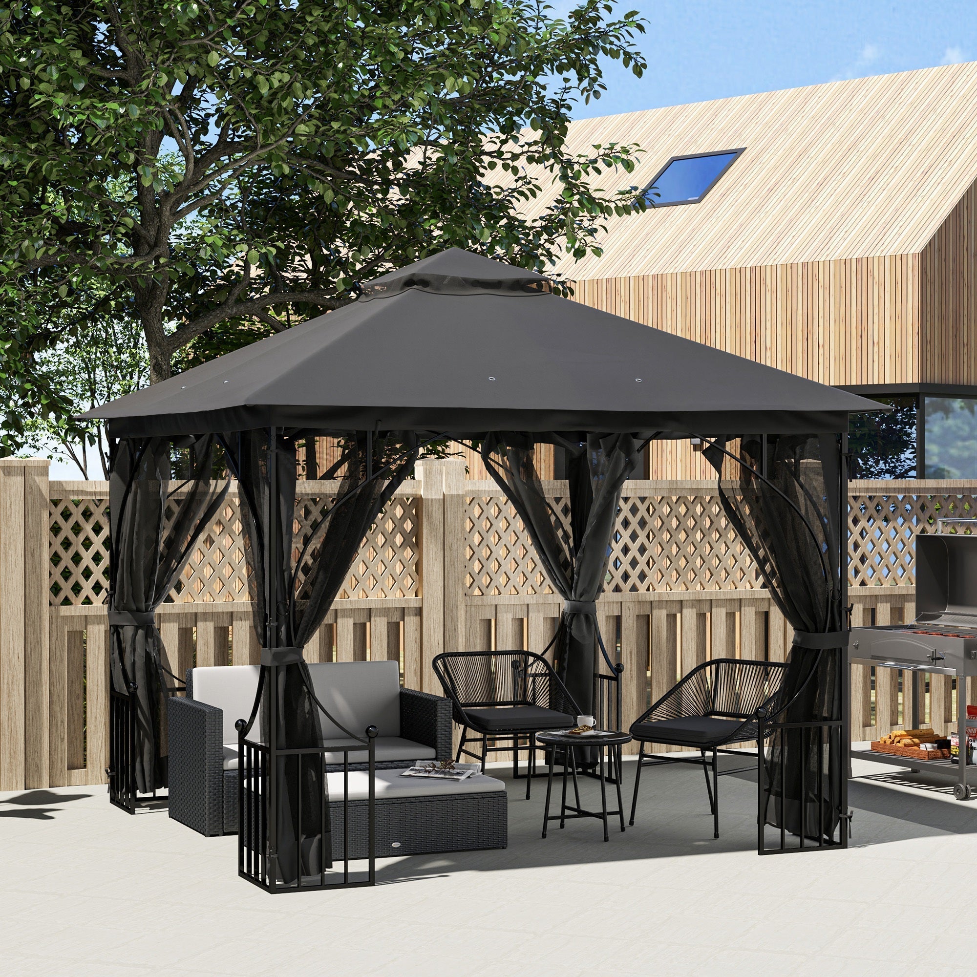 Outsunny 3 x 3m Garden Gazebo Patio Party Tent Shelter Outdoor Canopy Double Tier Sun Shade with Metal Frame and Netting, Dark Grey