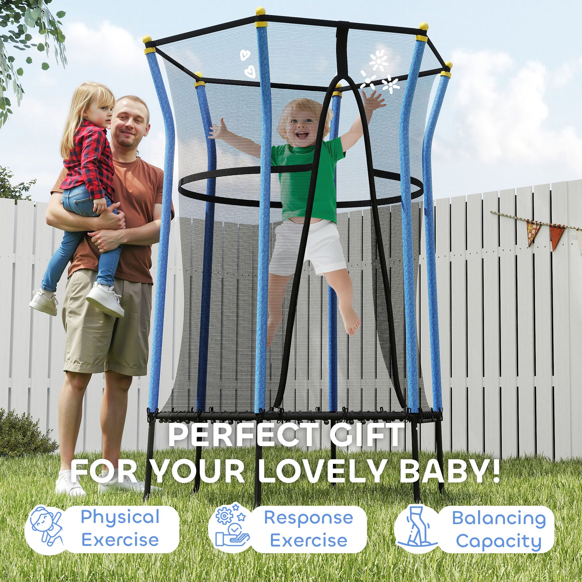 HOMCOM Kids Trampoline Mini Bouncer with Enclosure Safety Net For Ages 3-10 Years - Blue
