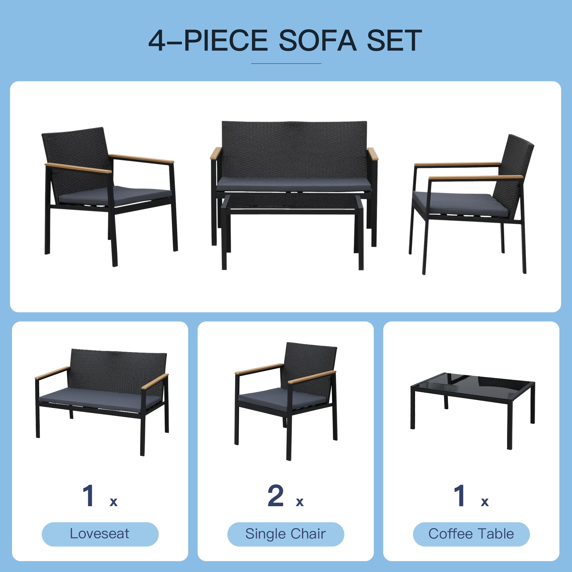 Outsunny 4 Pieces Rattan Garden Furniture Set, 4 Seater Garden Sofa Set with Loveseat, 2 Armchairs and Glass Top Coffee Table, Wicker Outdoor Conservatory Furniture with Cushions for Patio, Black