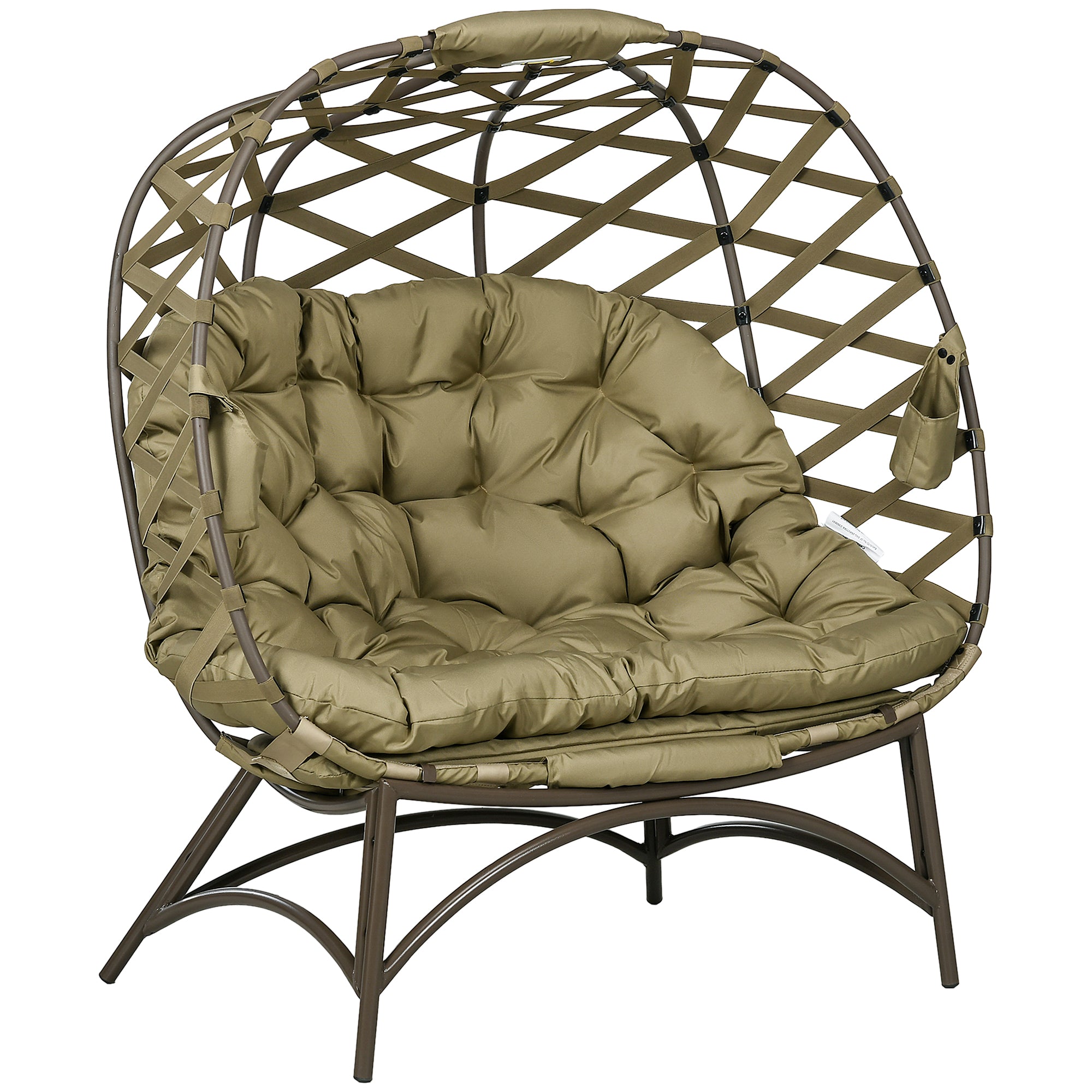 Outsunny 2 Seater Egg Chair Outdoor, Folding Weave Garden Furniture Chair with Cushion, Cup Pockets - Khaki
