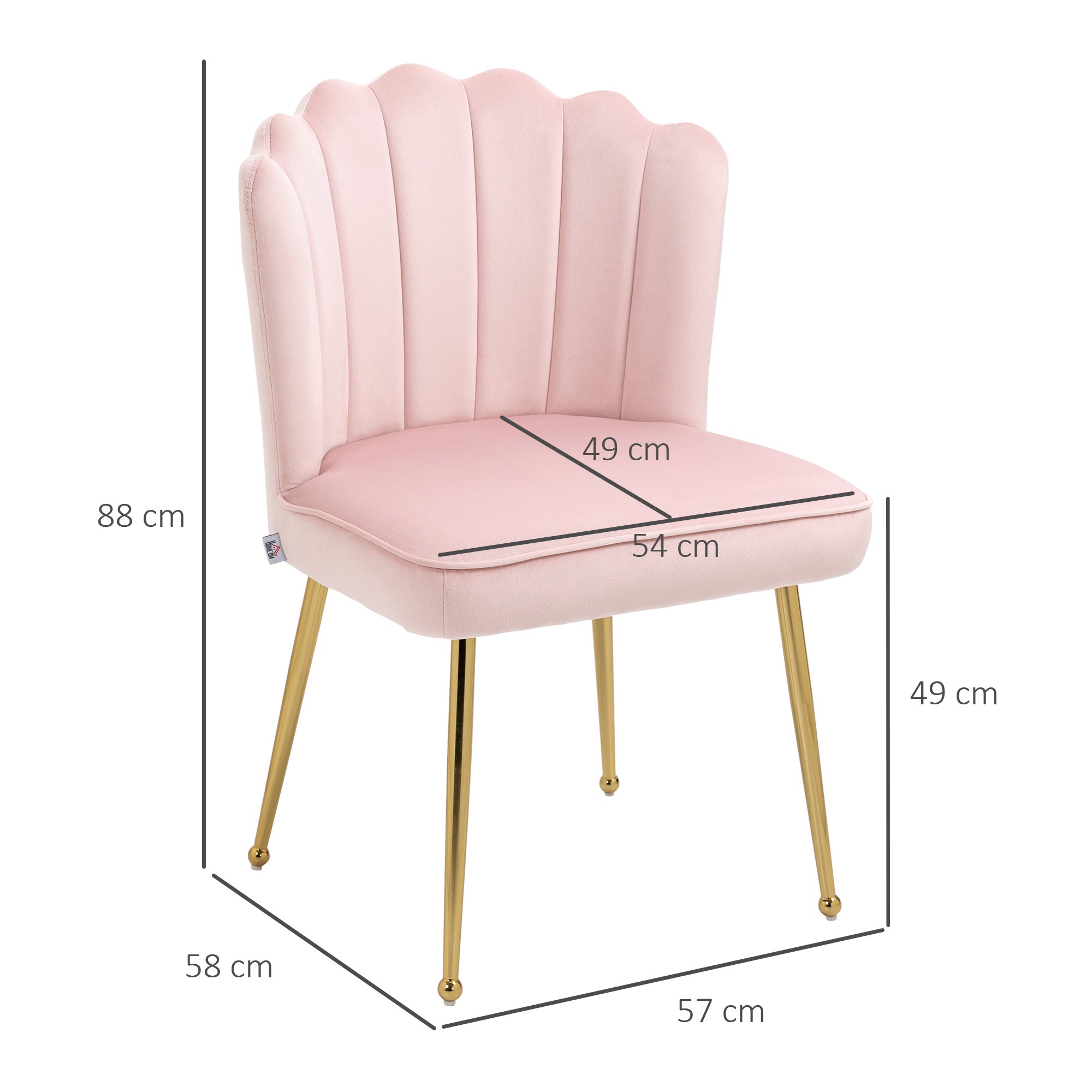 HOMCOM Shell Dining Chairs Set of 2, Upholstered Kitchen Chairs with Gold Metal Legs and Backrest, Velvet Fabric Lounge Leisure Chairs for Living Room, Reception Room, Pink