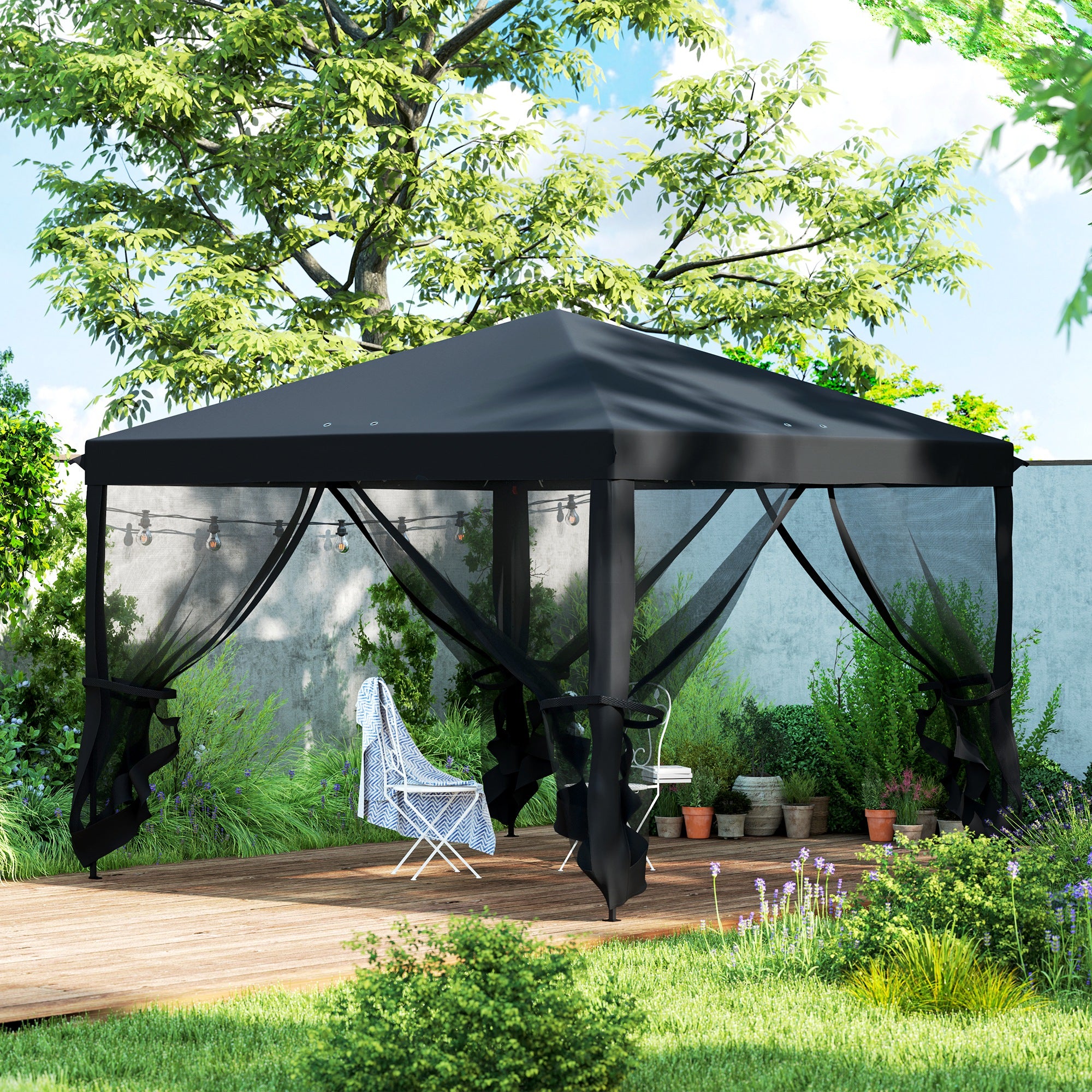 Outsunny 3 x 3√Ç m Pop Up Gazebo, 420D Garden Tent Canopy with Removable Mesh Sidewall Netting, Carry Bag for Garden Patio Outdoor, Black