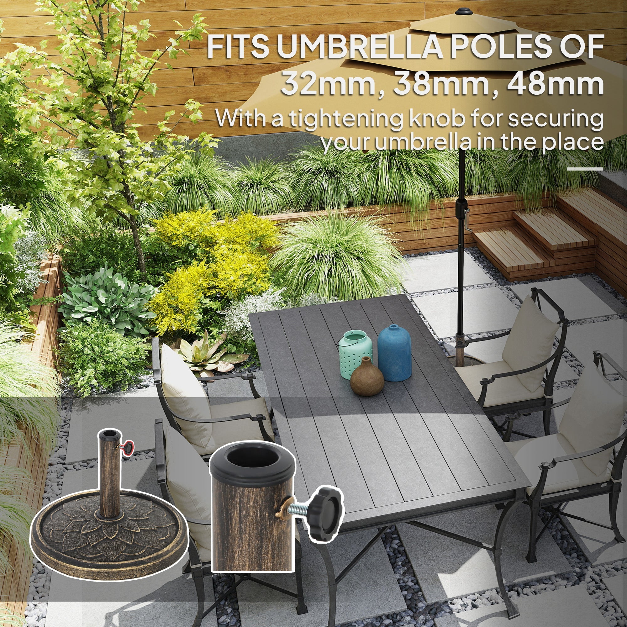 Outsunny 12kg Resin Garden Parasol Base, Round Umbrella Base, Heavy Duty Sun Umbrella Base for 32, 38, 48 mm Umbrella Poles for Deck Poolside, Bronze Tone