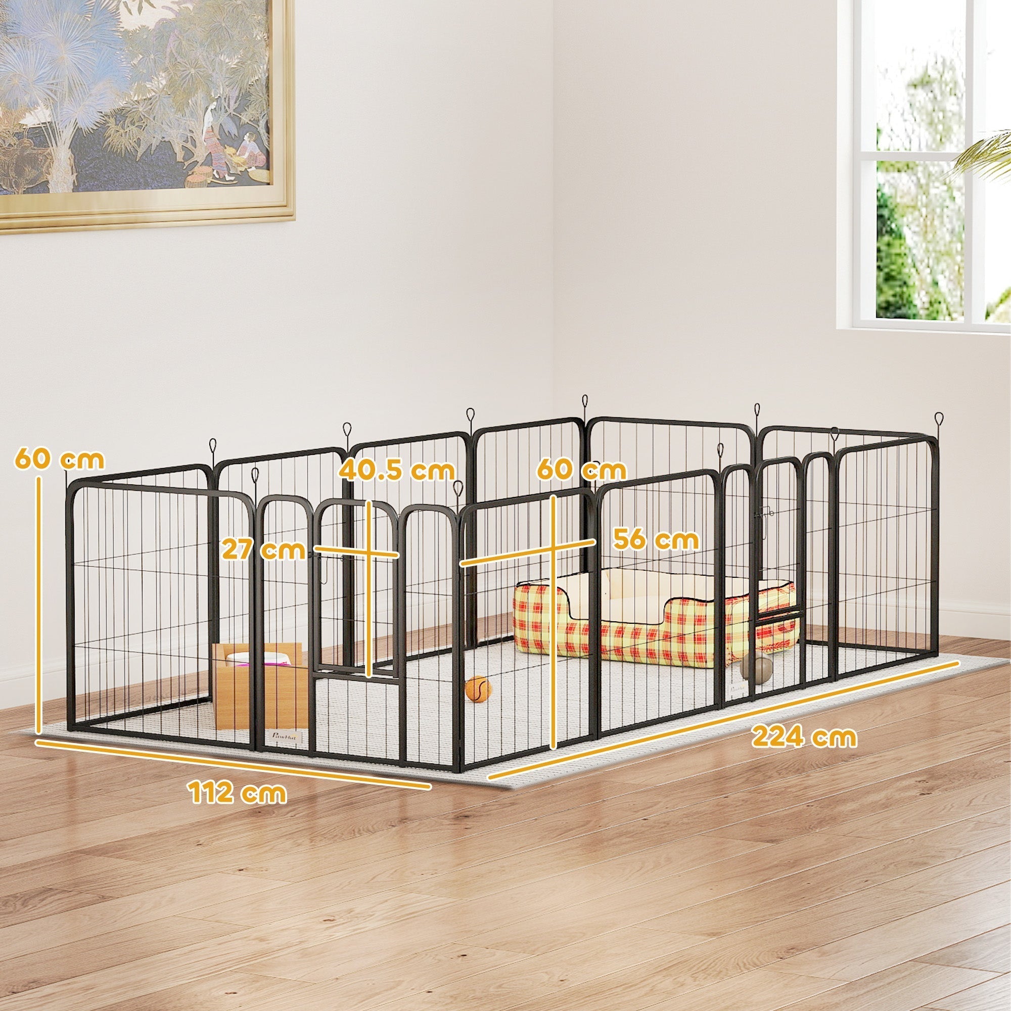 PawHut 12-Panel Solid Dog Playpen with Doors, for Small Dogs, 60cm High, Black