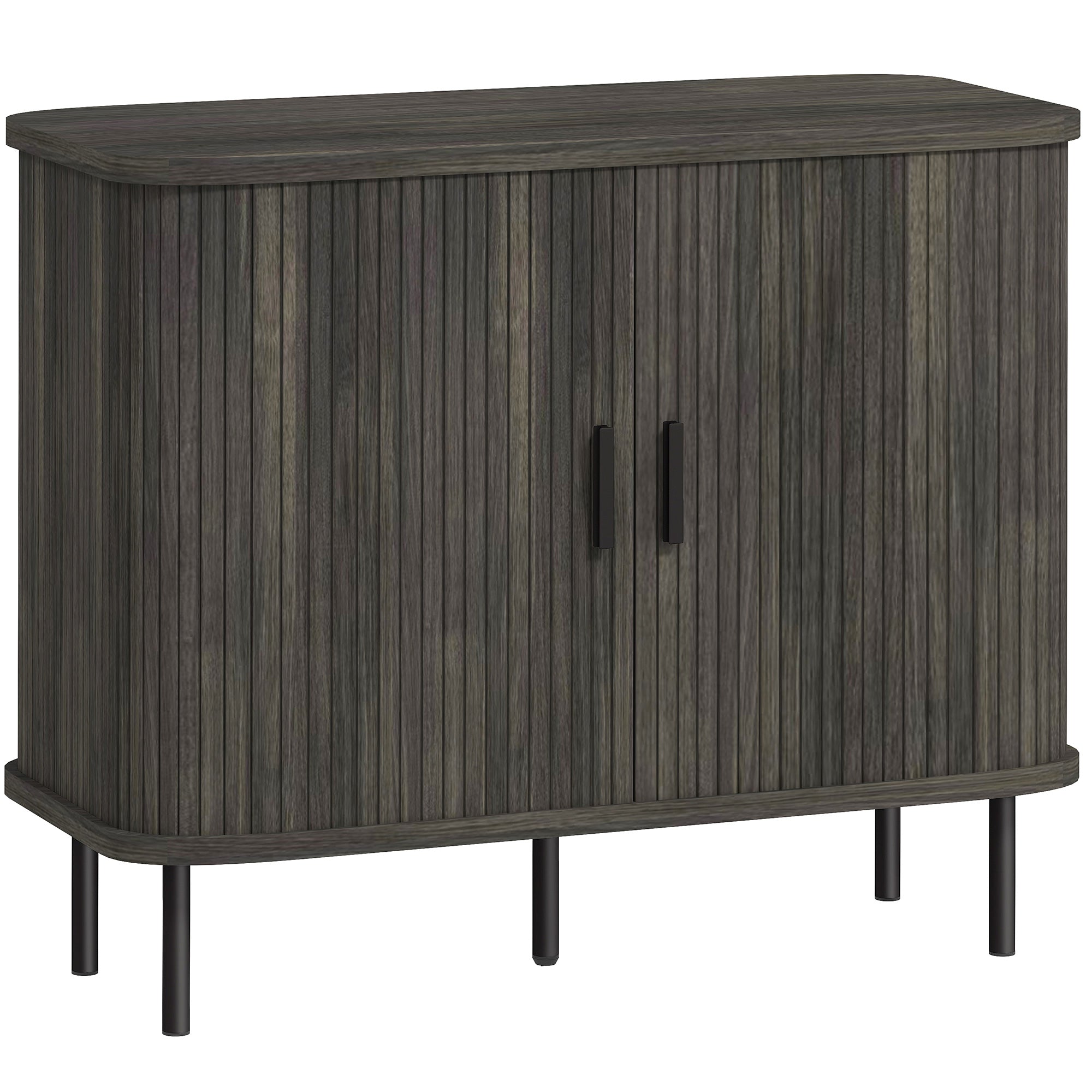 HOMCOM Mid-Century Modern Sideboard Storage Cabinet with Slatted Tambour Sliding Doors, Kitchen Cabinet with Steel Legs, Grey