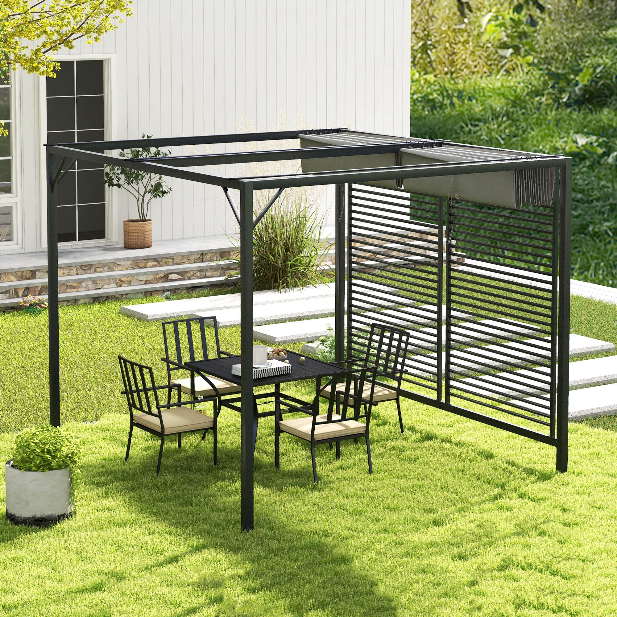 Outsunny 3 x 2.8m Metal Pergola, with Retractable Fabric Roof - Grey