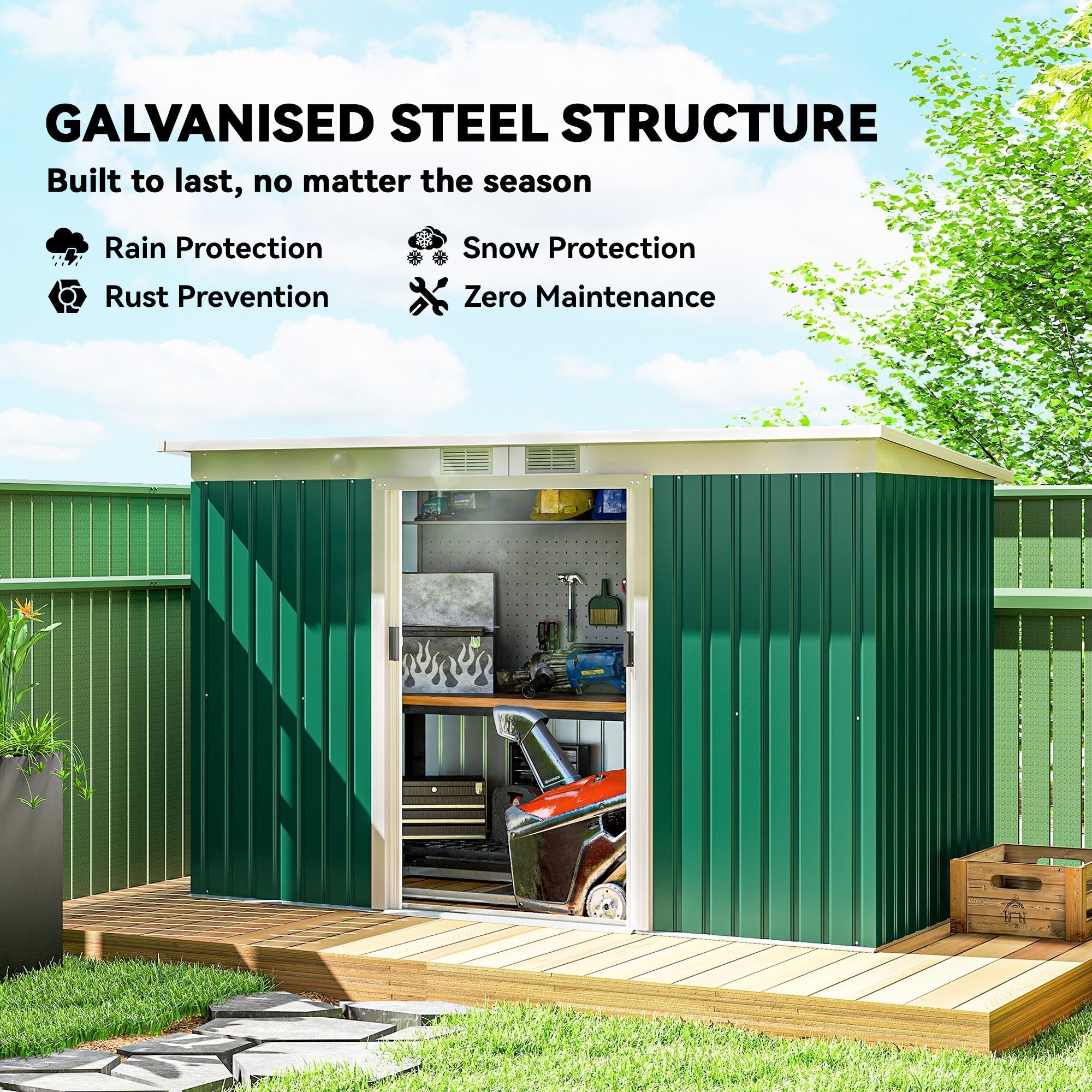 Outsunny 9ft x 4ft Metal Garden Shed, Outdoor Tool House with Foundation Kit, Ventilations and Double Doors, Deep Green