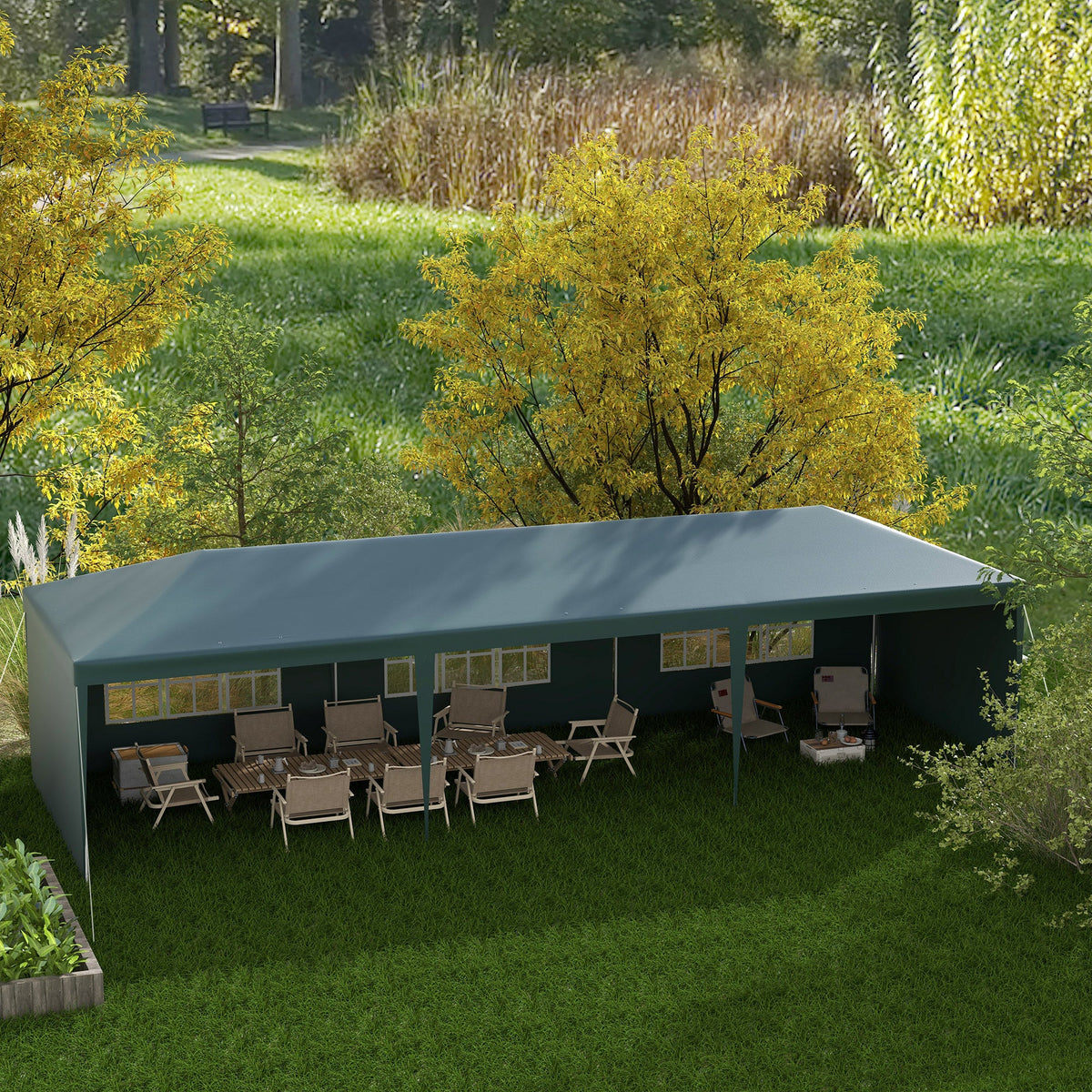 Outsunny 9 x 3 m Party Tent Gazebo Marquee Outdoor Patio Canopy Shelter with Windows and Side Panels Green