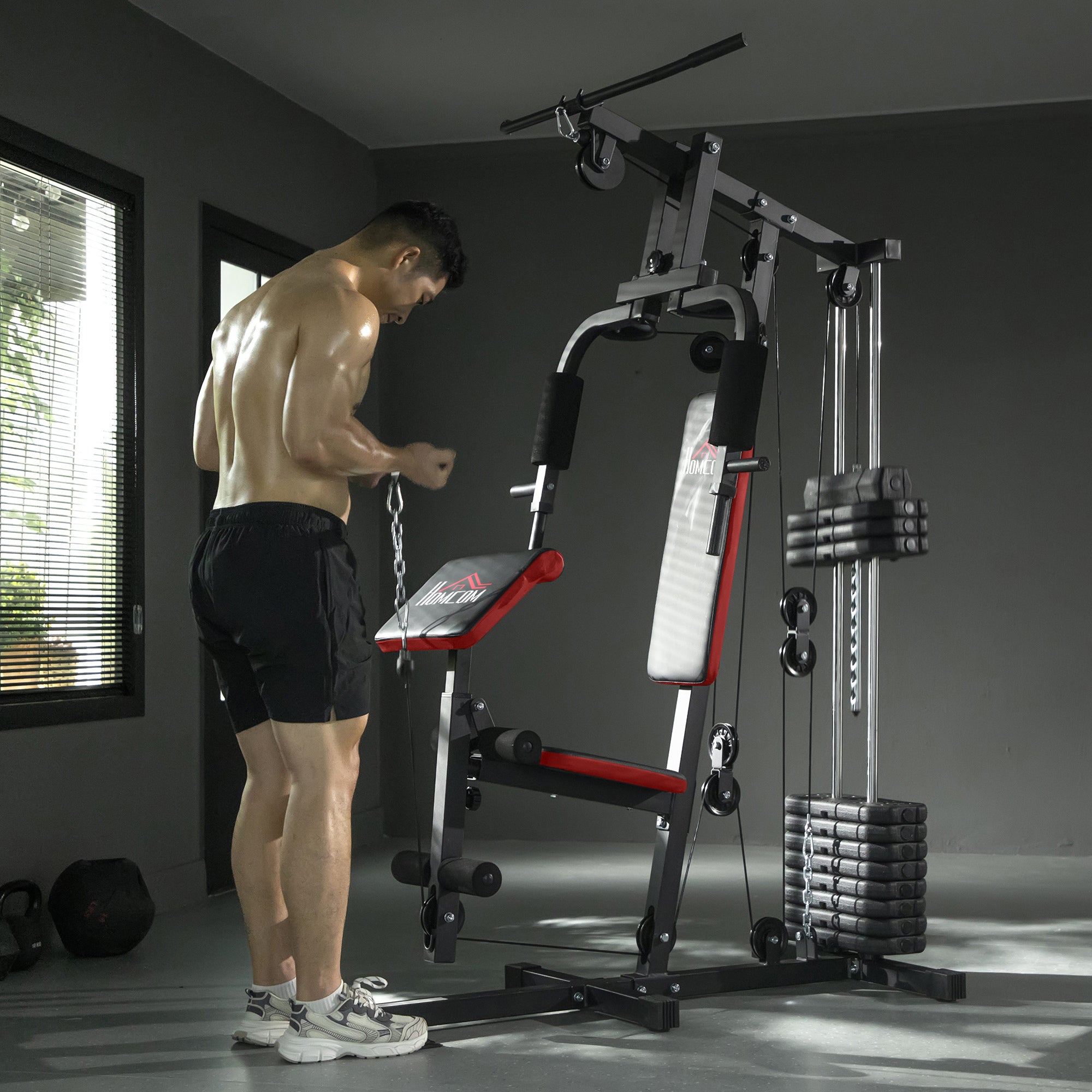 HOMCOM Multigym Station, with 66KG Weight Stack, for Strength Training - Red & Black