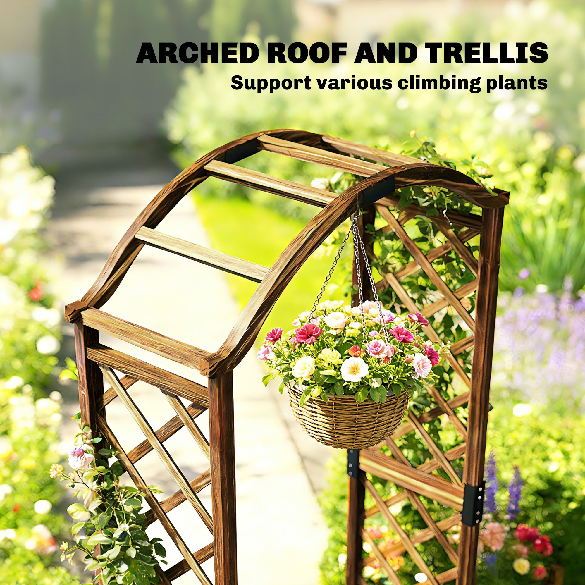 Outsunny Wooden Garden Arch with 2 Planter Boxes, Outdoor Rose Arch Trellis for Climbing Vines, Carbonised