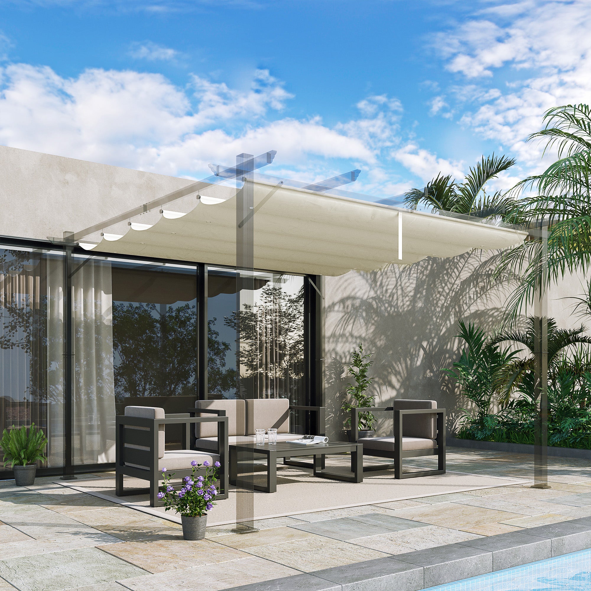 Outsunny Retractable Pergola Shade Cover, Replacement Canopy Fabric for 3 x 3 (m) Pergola, Gazebo Retractable Roof, Cream White