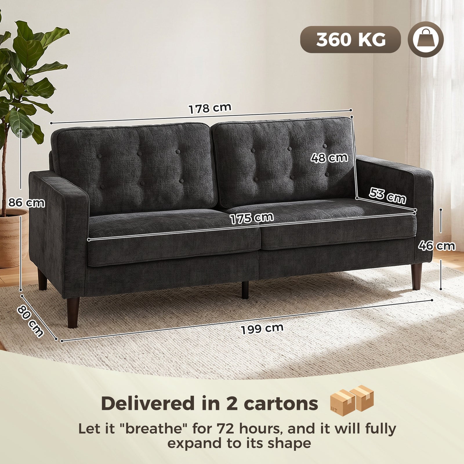 HOMCOM 3 Seater Sofa Button Tufted Upholstered Couch with Wood Legs for Living Room, Dark Grey