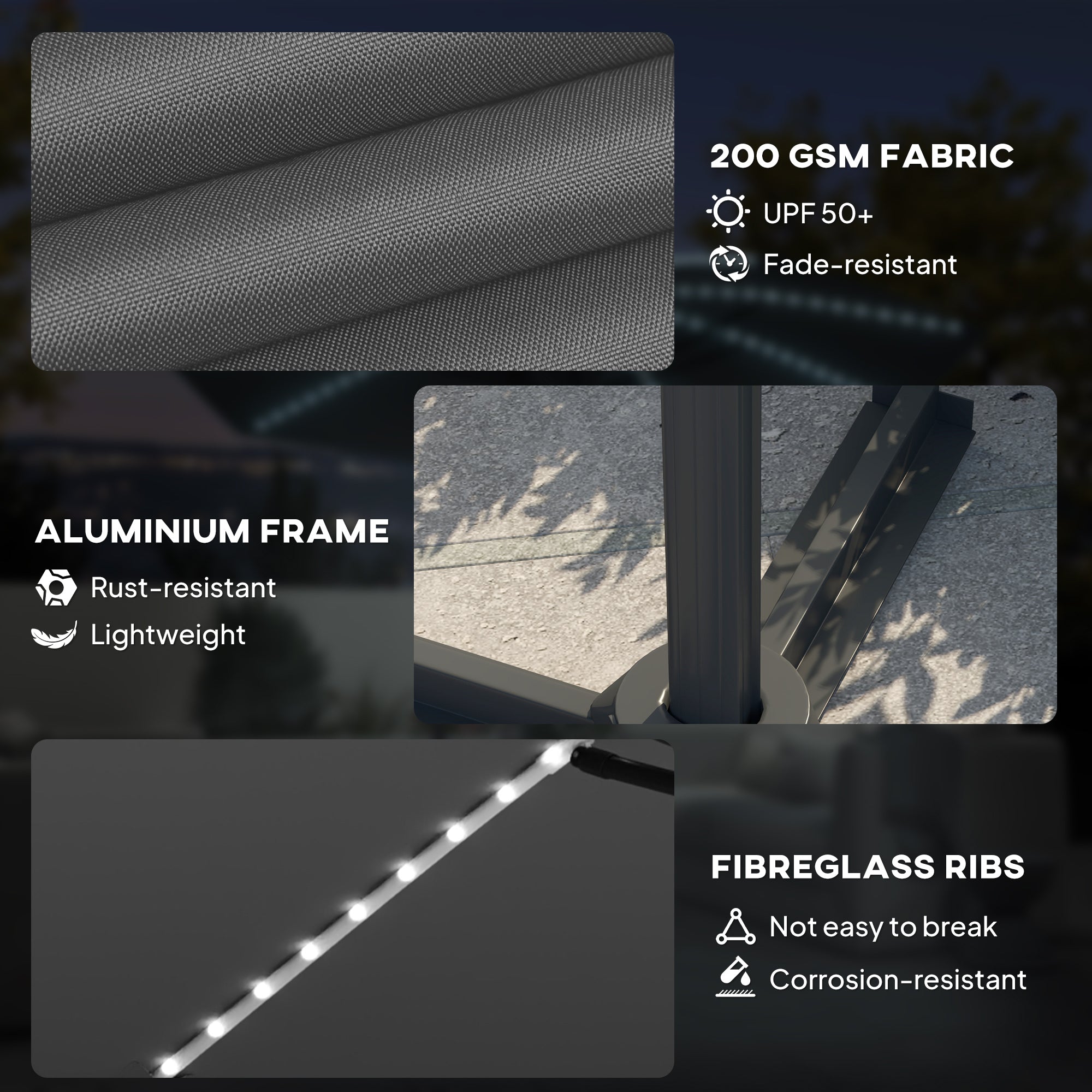 Outsunny 3(m) Cantilever Garden Parasol with Solar Powered Lights, Crank Handle & Cross Base, UPF 50+, 360√Ç¬∞ Rotation, Dark Grey