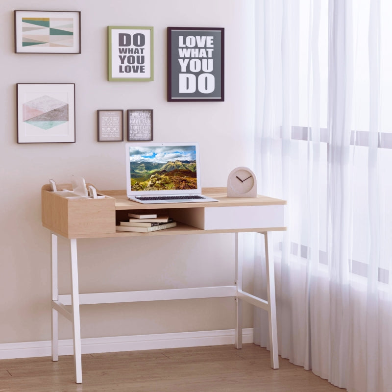 Computer Writing Desk Workstation with Drawer, Storage Compartments, Cable Management, Laptop Table Metal Frame Oak and White