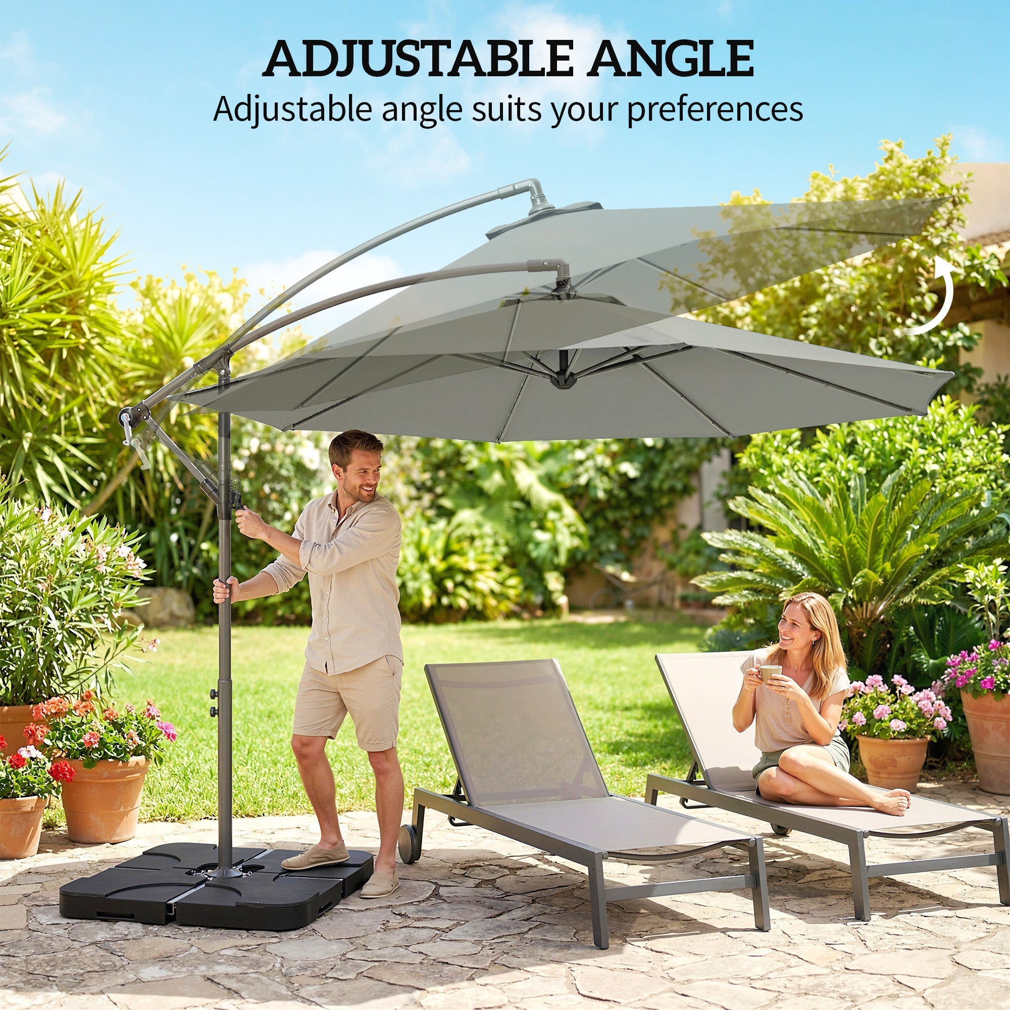 Outsunny 3m Overhanging Parasol, with Base, Weights and Cover - Light Grey