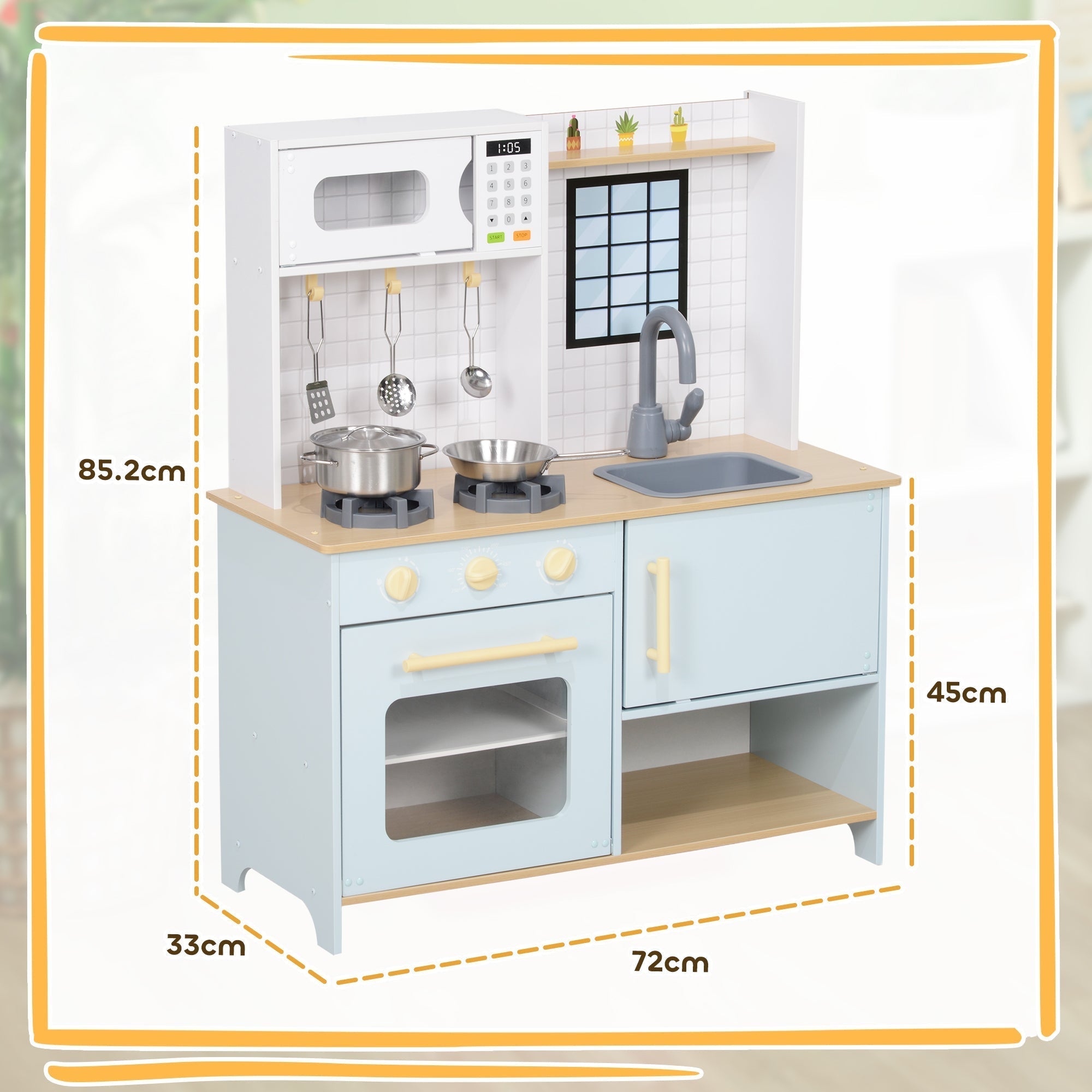 AIYAPLAY Pretend Play Kitchen, Kids Kitchen Playset with Light & Sound Stove, Turning Knobs, Cooking Accessories