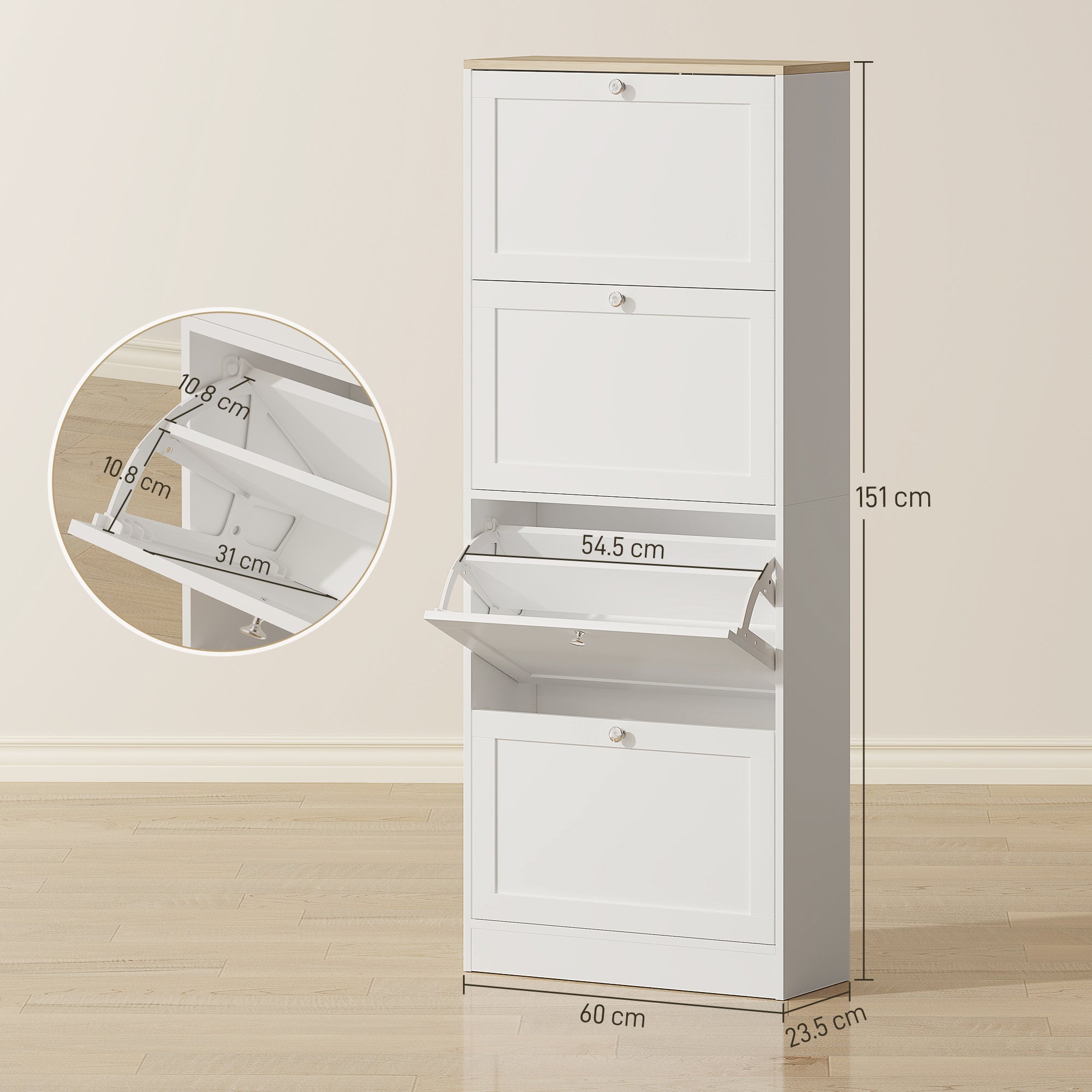 HOMCOM Modern Compact Four-Drawer Shoe Storage Cabinet - White