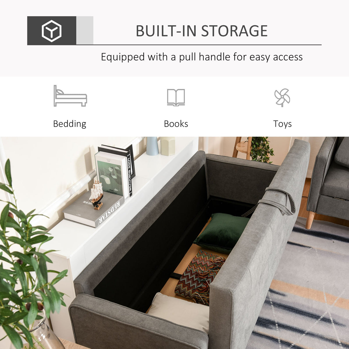HOMCOM Modern 3 Seater Sofa with Hidden Storage, 169cm Tufted Snow Flannel Couch with Wood Legs, Compact Sofa for Living