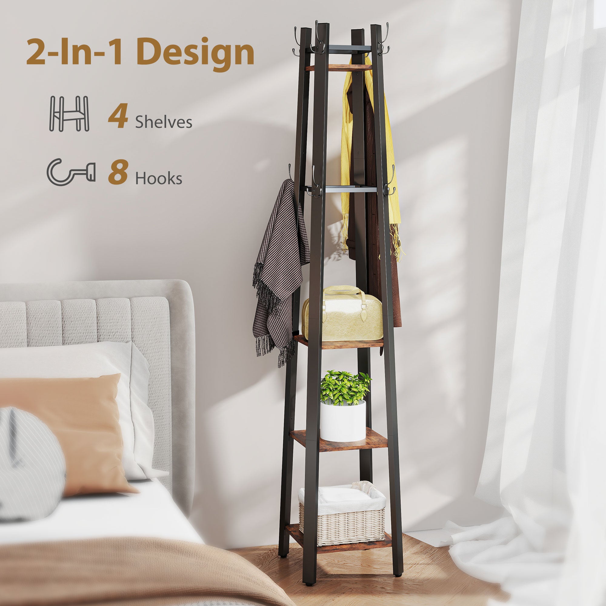 HOMCOM Industrial Coat Stand with 8 Hooks and 4 Shelves - Rustic Brown