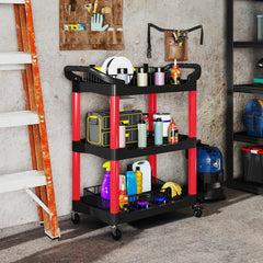 HOMCOM 3-Tier Rolling Tool Cart, Tool Trolley on Wheels, Plastic Mobile Service Utility Cart with Handles for Garage