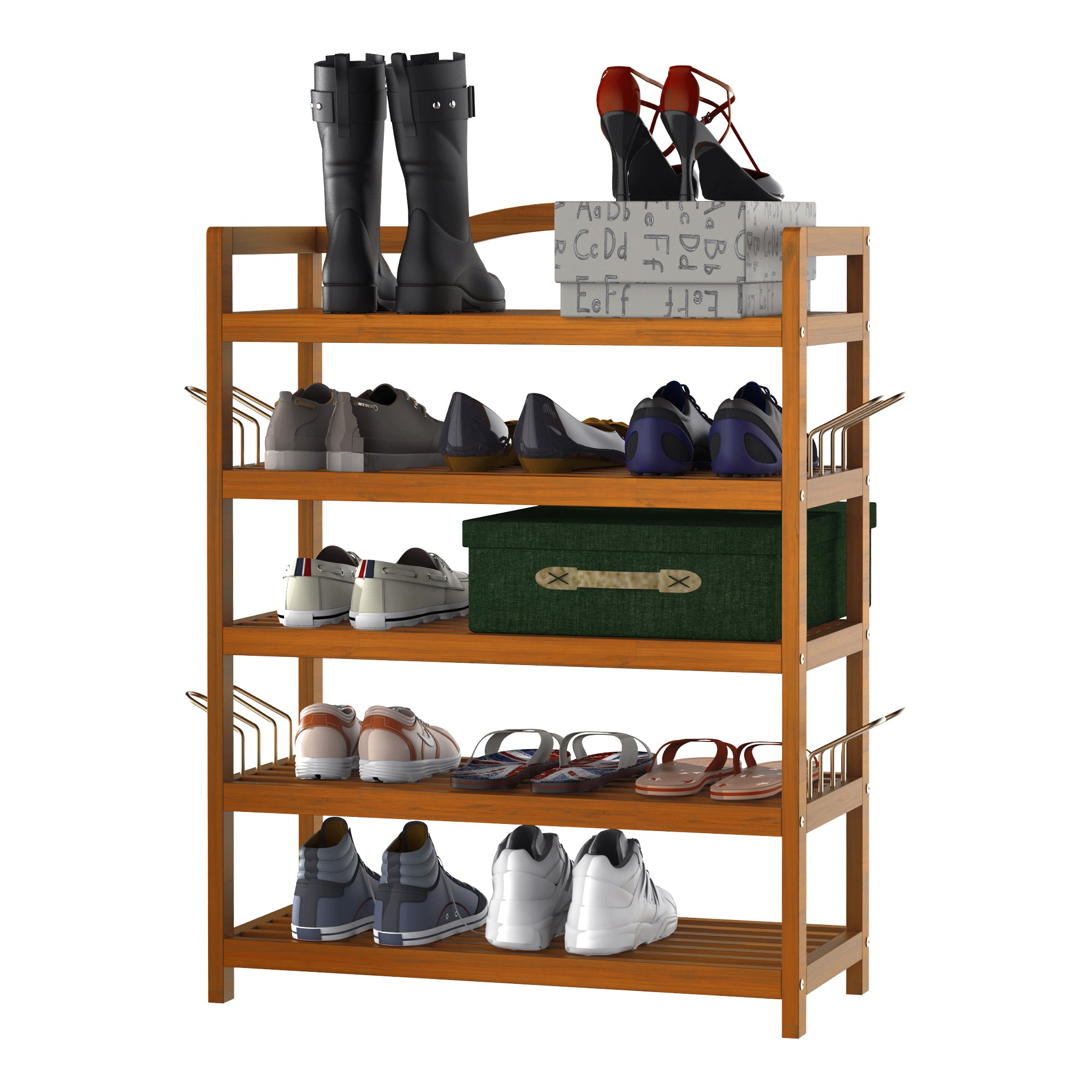 HOMCOM 5-Tier Shoe Rack, Acacia Wooden Shoe Storage Organiser with Hangers, Holds up to 19 Pairs, for Entryway, Living Room, 64 x 26 x 82 cm, Teak
