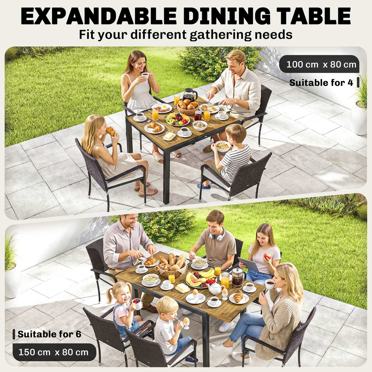 Outsunny 7 Piece Rattan Garden Furniture Set, 6 Seater Garden Table and 6 Stackable Chairs with Extendable Acacia Wood Tabletop