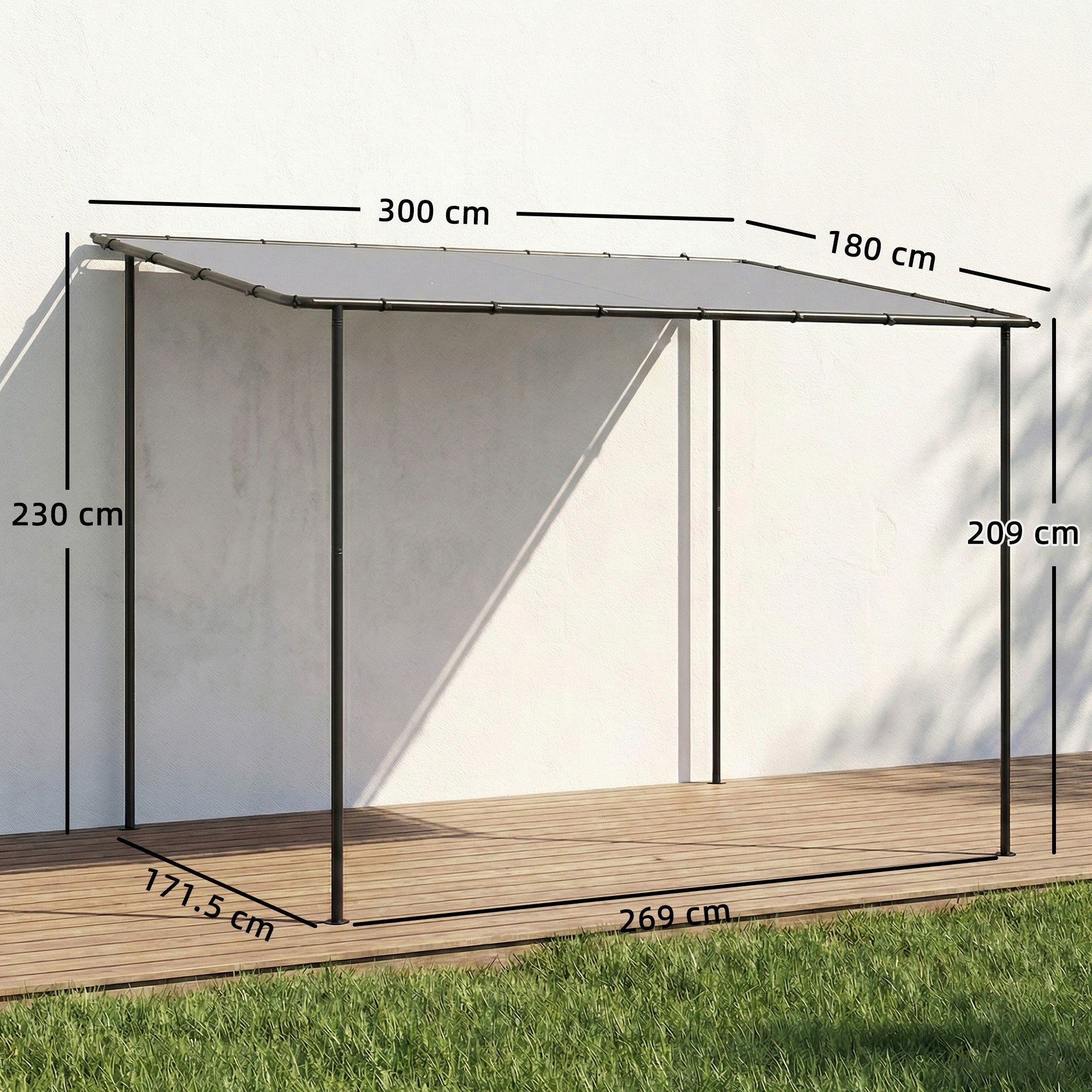 Outsunny 3 x 2 m Lean to Garden Pergola, Metal Frame Gazebo Pergola with UPF30+ Protection, Sloped Roof, Drainage Holes, Grey